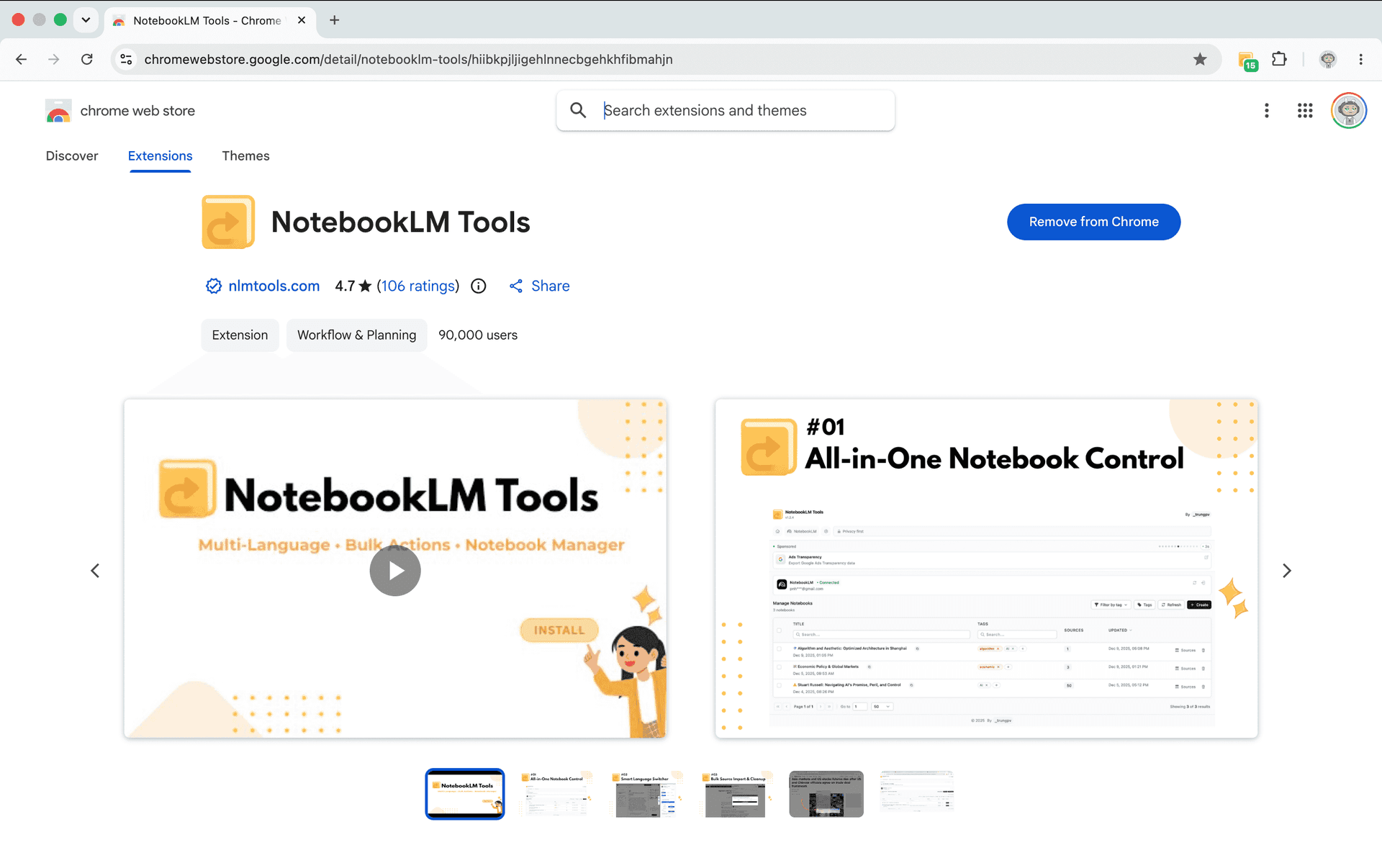 Fiche NotebookLM Tools sur le Chrome Web Store avec sa note de 4,7 étoiles