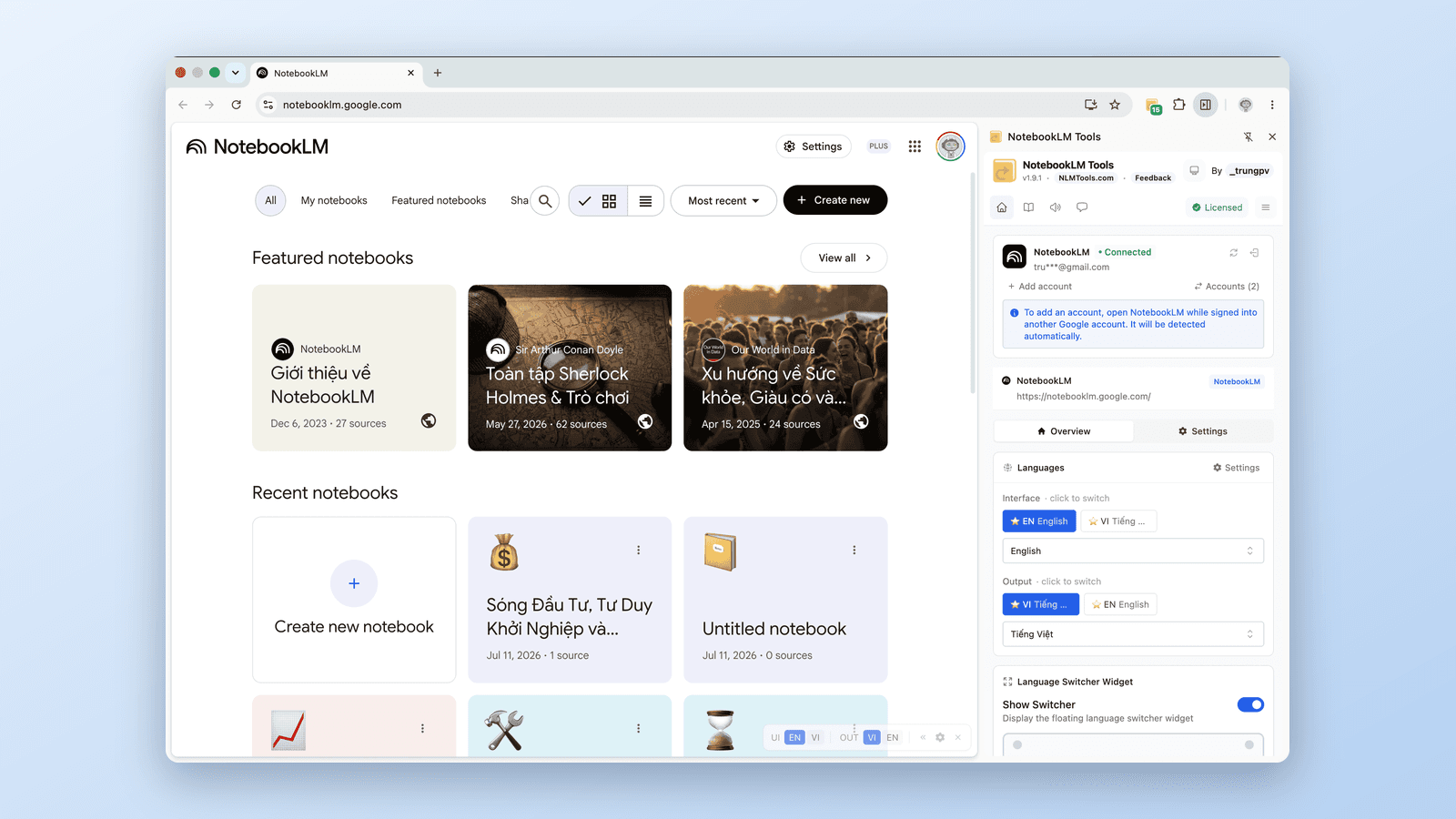 As melhores extensões do Chrome para NotebookLM comparadas — painel lateral do NotebookLM Tools rodando no NotebookLM