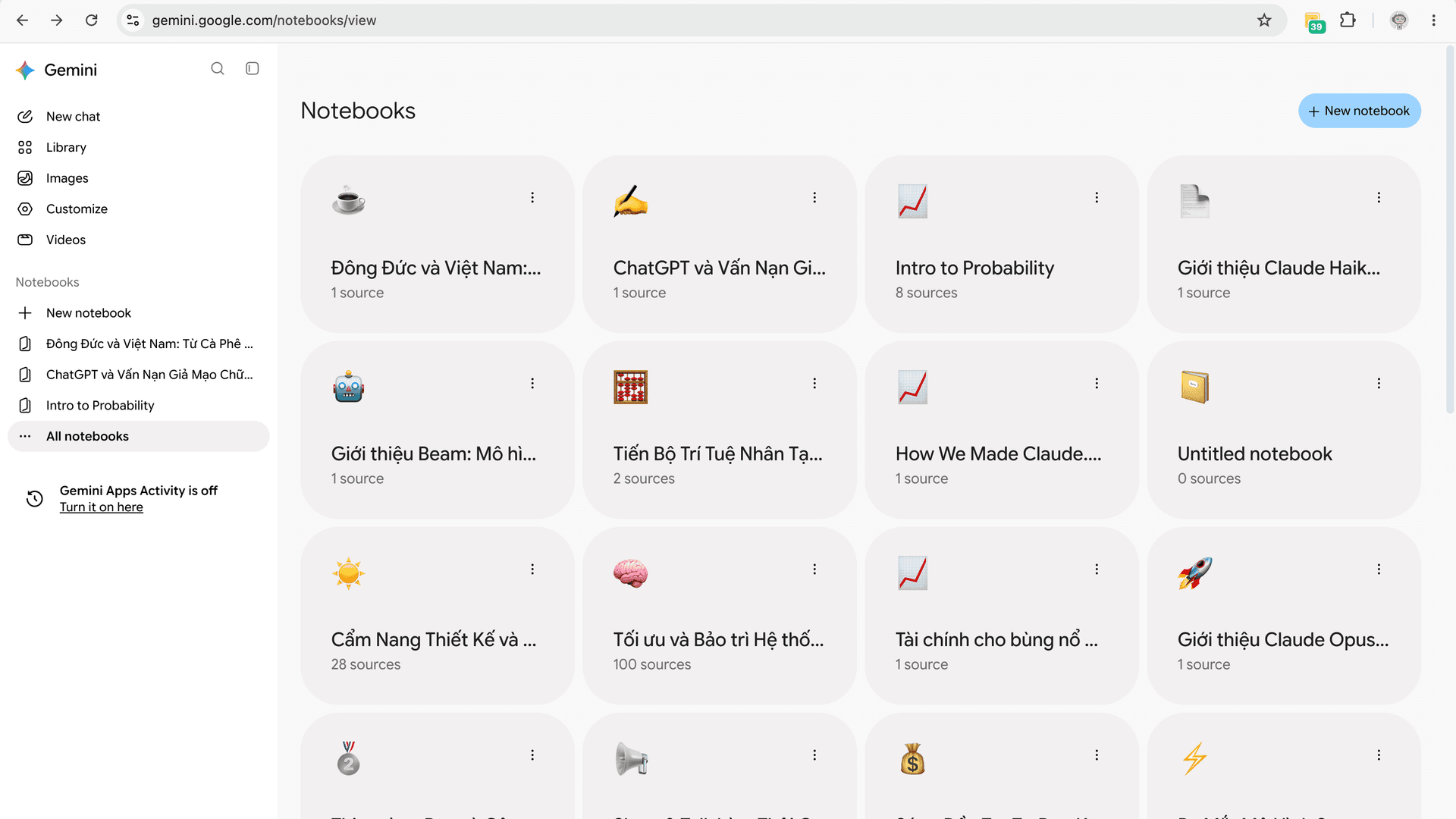 Seção Notebooks na barra lateral do app Gemini, onde um chat do Gemini pode ser salvo como fonte — um truque que o Gemini Notebook independente não faz