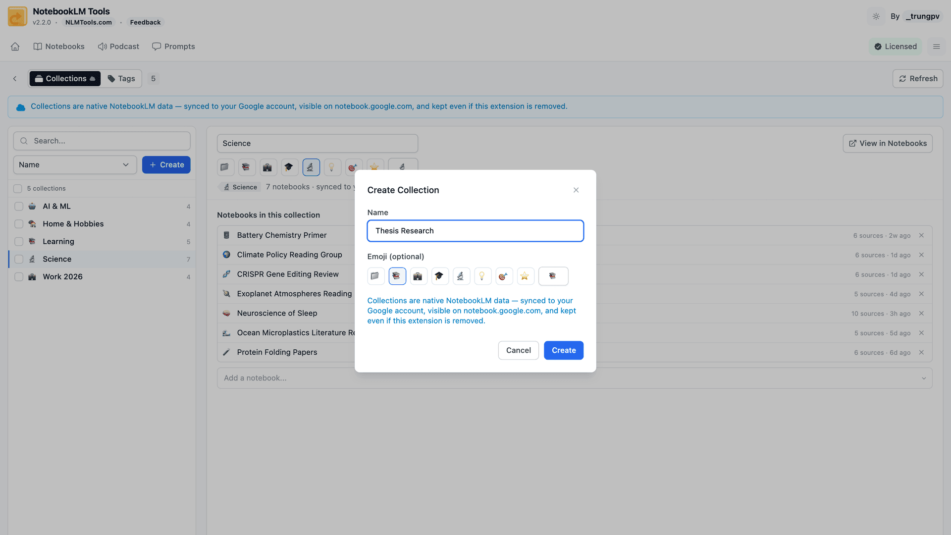 NotebookLM Toolsで名前と絵文字を付けてNotebookLMコレクションを作成