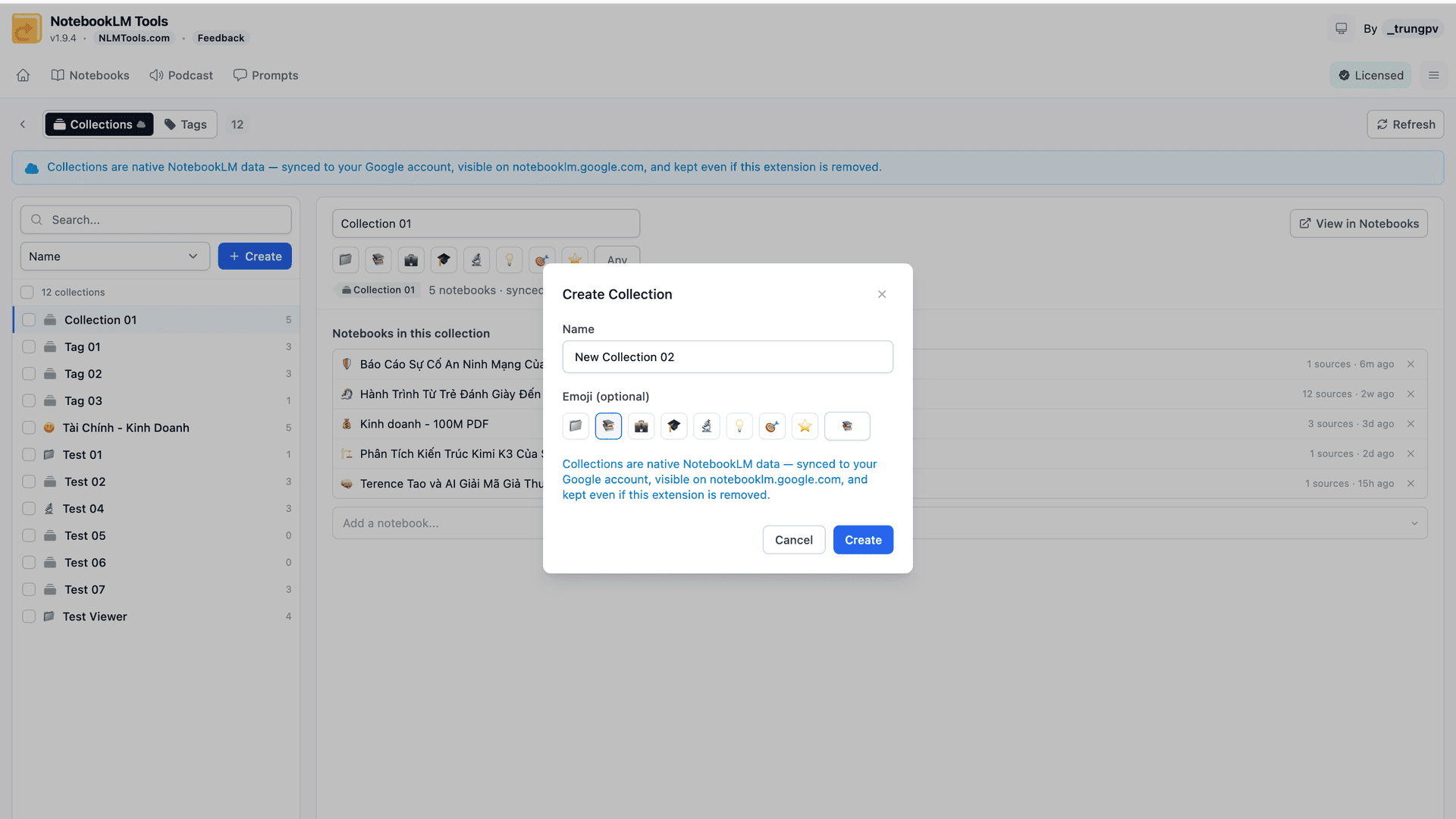 Creando una colección de NotebookLM con nombre y emoji en NotebookLM Tools