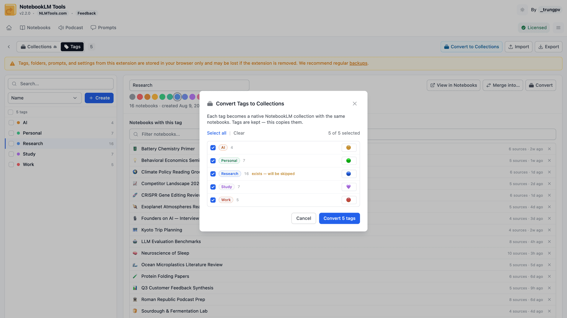 NotebookLM ToolsのタグをネイティブなNotebookLMコレクションに変換