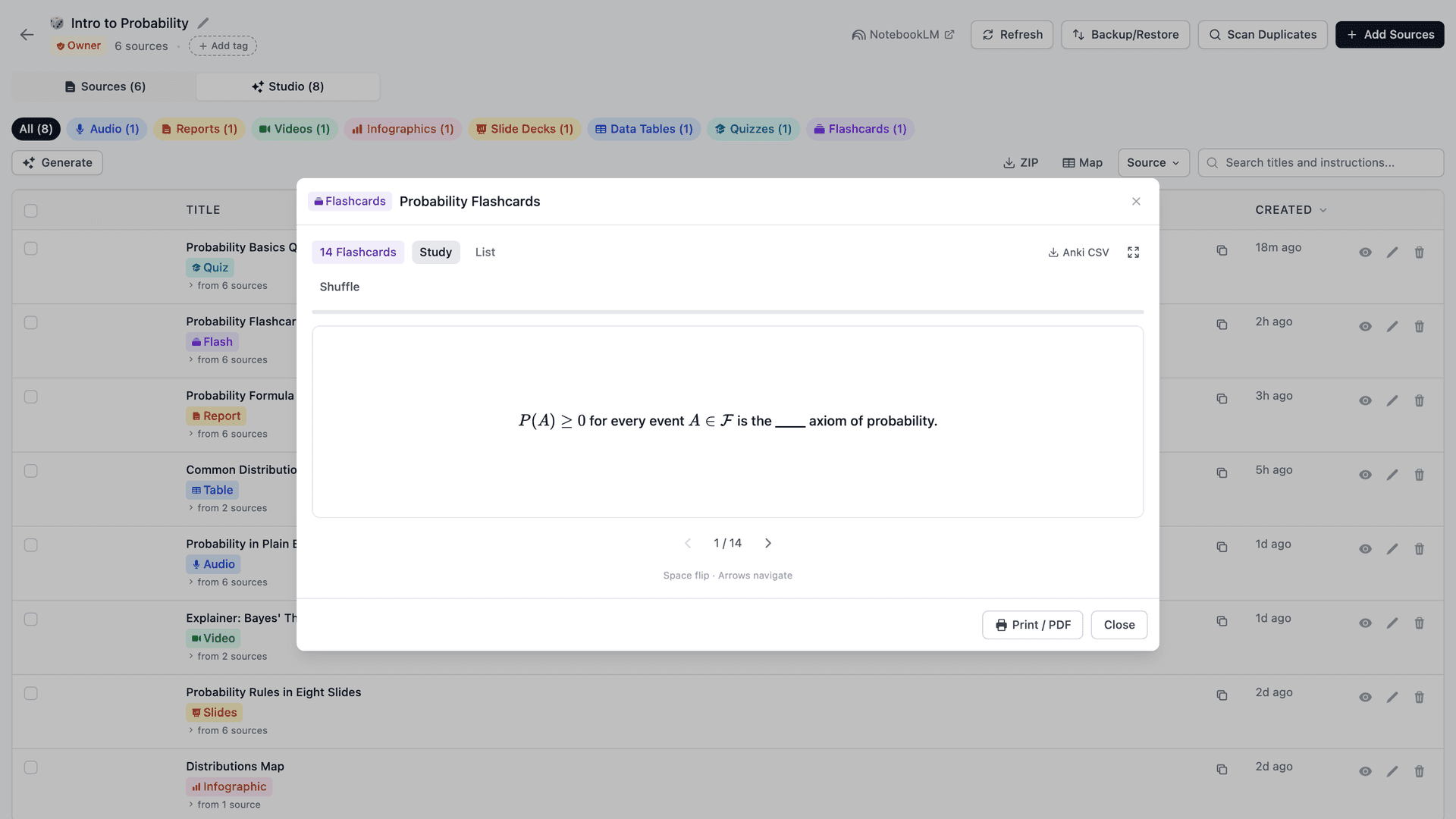 ปุ่ม Anki CSV ในส่วนหัวของตัวแสดงแฟลชการ์ด NotebookLM Tools