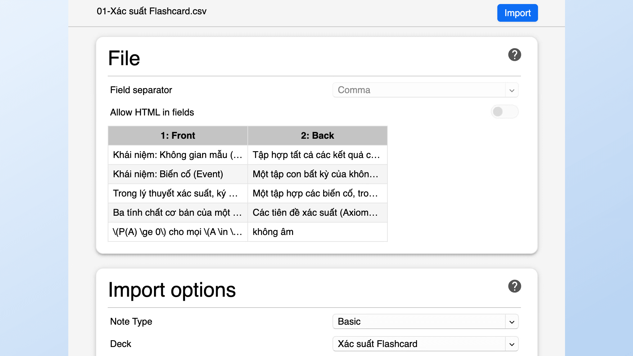 NotebookLM Tools Anki CSV 내보내기로 덱, 노트 유형, 필드 매핑이 미리 설정된 Anki 가져오기 대화상자