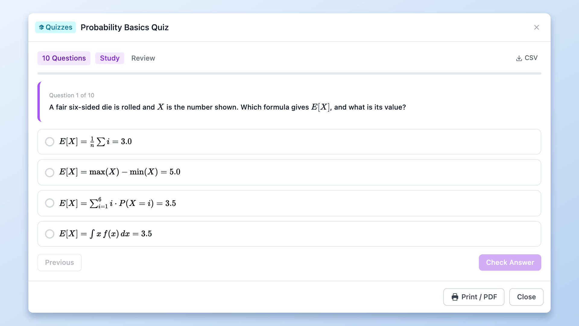 ปุ่ม CSV ในส่วนหัวของตัวแสดงแบบทดสอบ NotebookLM Tools ทางขวาของสวิตช์ Study / Review
