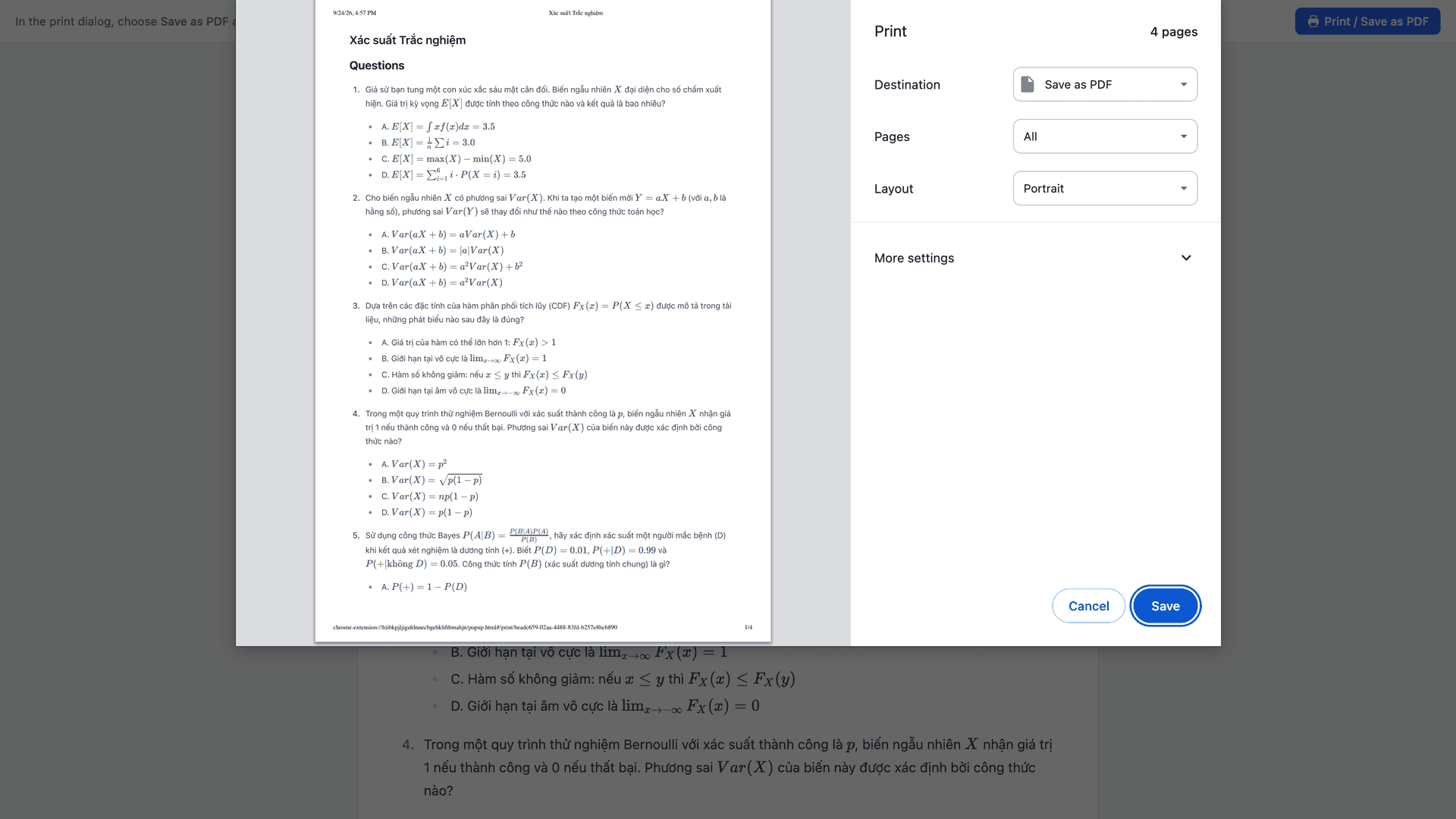 브라우저의 Save as PDF 대화상자가 열린 NotebookLM 퀴즈 인쇄 보기: 선택지에 문자가 붙은 Questions 섹션, Answers 섹션은 뒤쪽 페이지에 이어짐