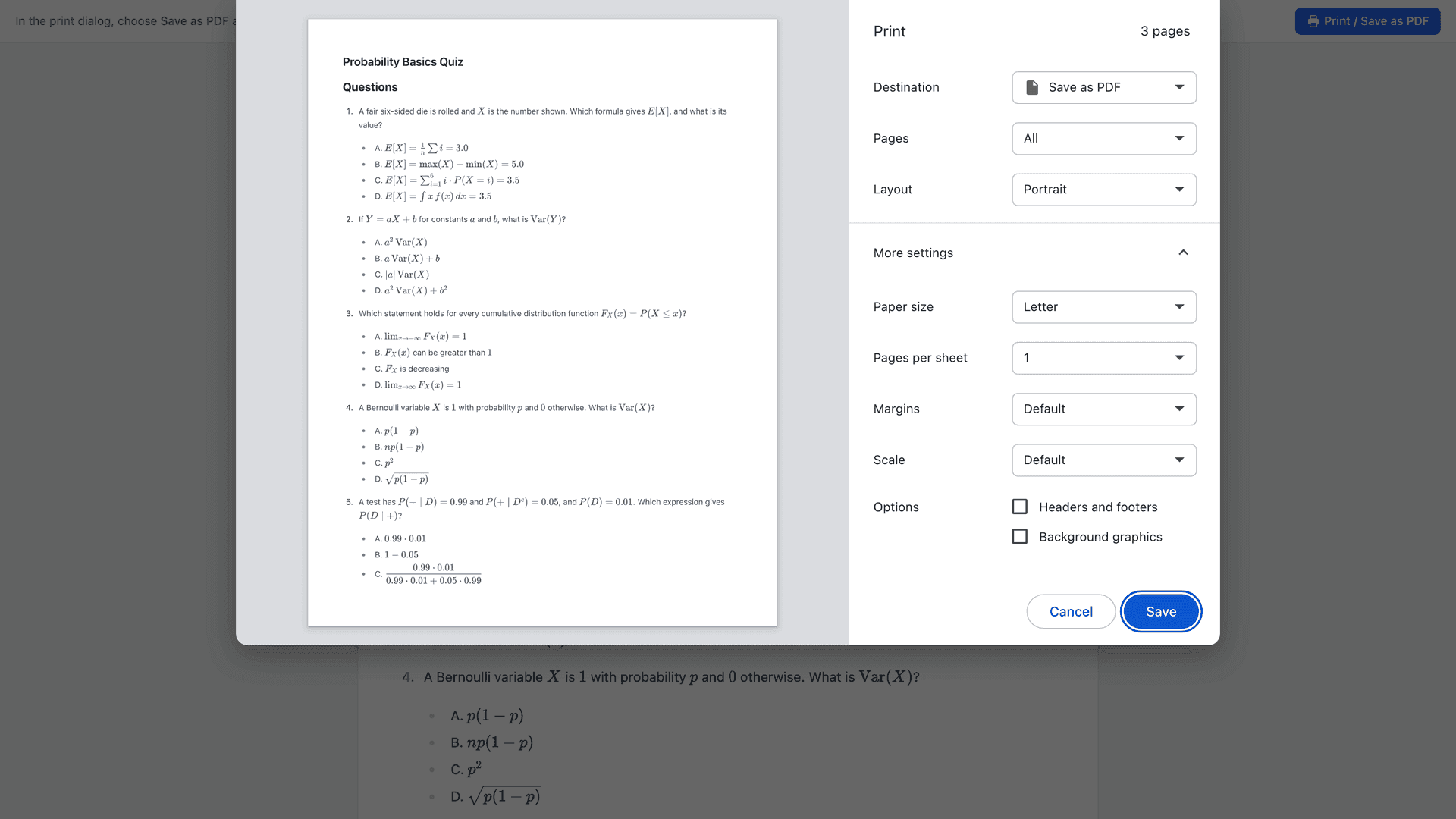 มุมมองพิมพ์ของแบบทดสอบ NotebookLM พร้อมกล่อง Save as PDF ของเบราว์เซอร์: ส่วน Questions ที่มีตัวเลือกเป็นตัวอักษร ส่วน Answers จะตามมาในหน้าถัดๆ ไป
