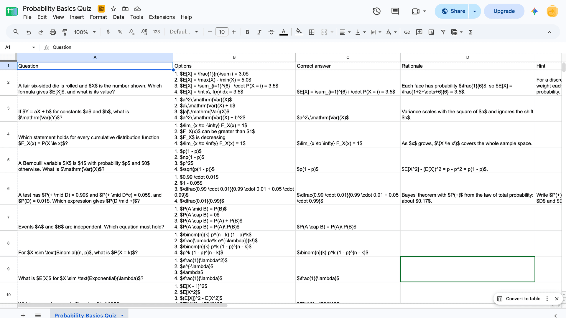 CSV ของแบบทดสอบ NotebookLM ที่เปิดในสเปรดชีต แสดงคอลัมน์ Question, Options, Correct answer, Rationale และ Hint