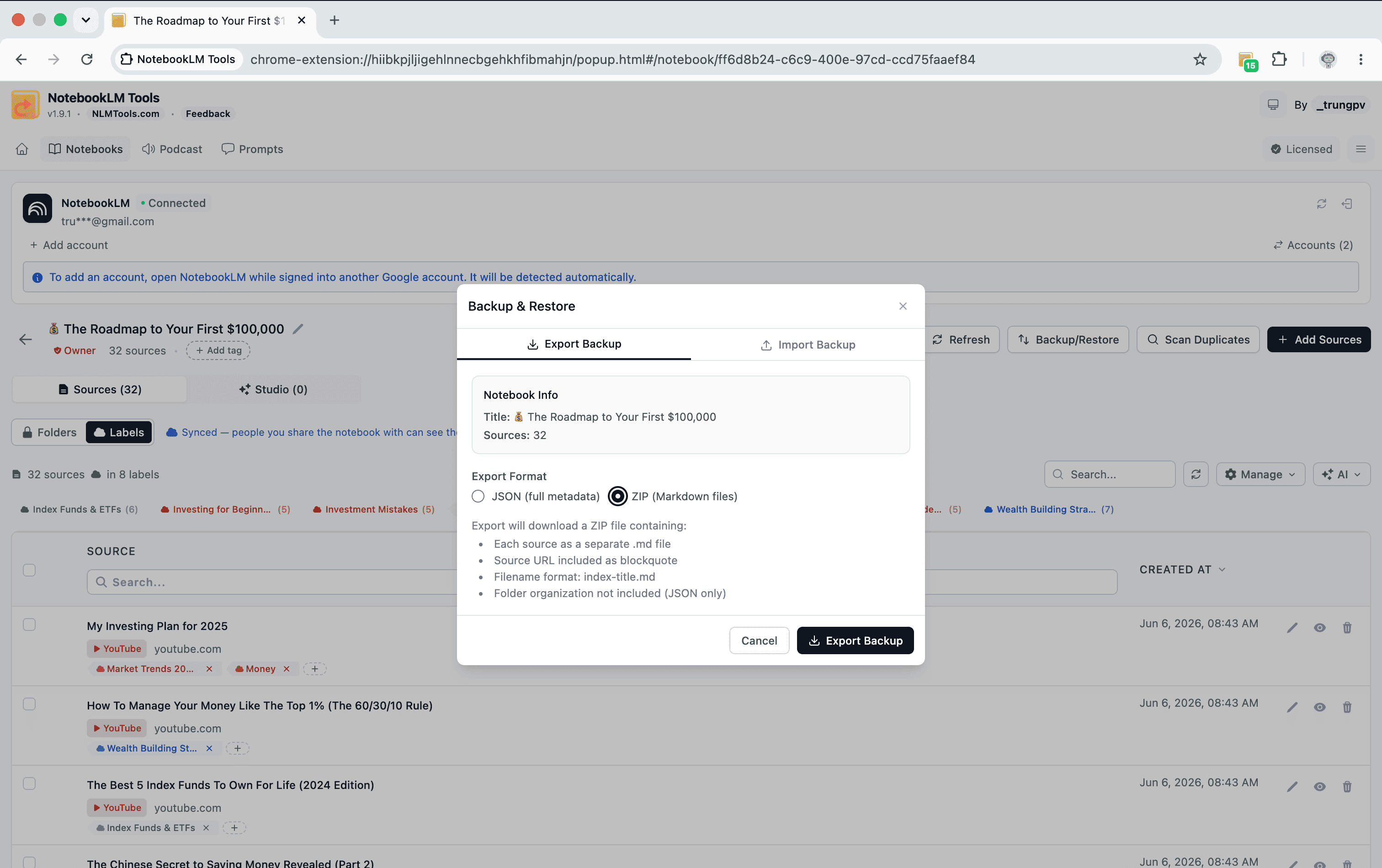 Wybór typów źródeł NotebookLM do eksportu — dokumenty Drive, strony internetowe, YouTube, przesłane pliki — jako JSON lub ZIP