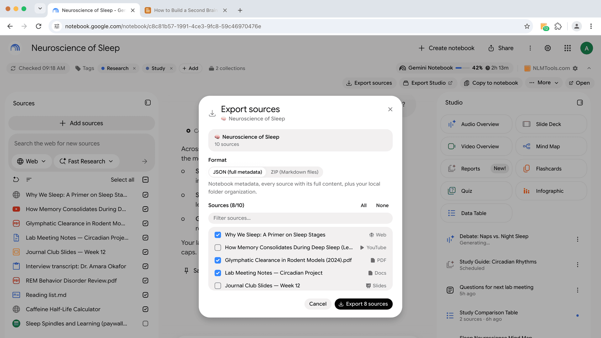 Панель Export sources в NotebookLM Tools на странице блокнота NotebookLM: выбор JSON (full metadata) или ZIP (Markdown files) и источников для экспорта