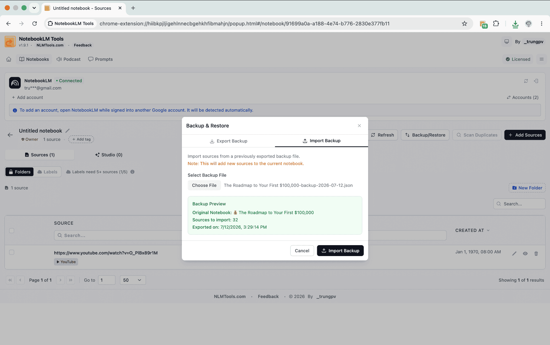 Podgląd importu NotebookLM Tools pokazujący tytuł wyeksportowanego notatnika, liczbę źródeł i znacznik czasu przed ponownym importem