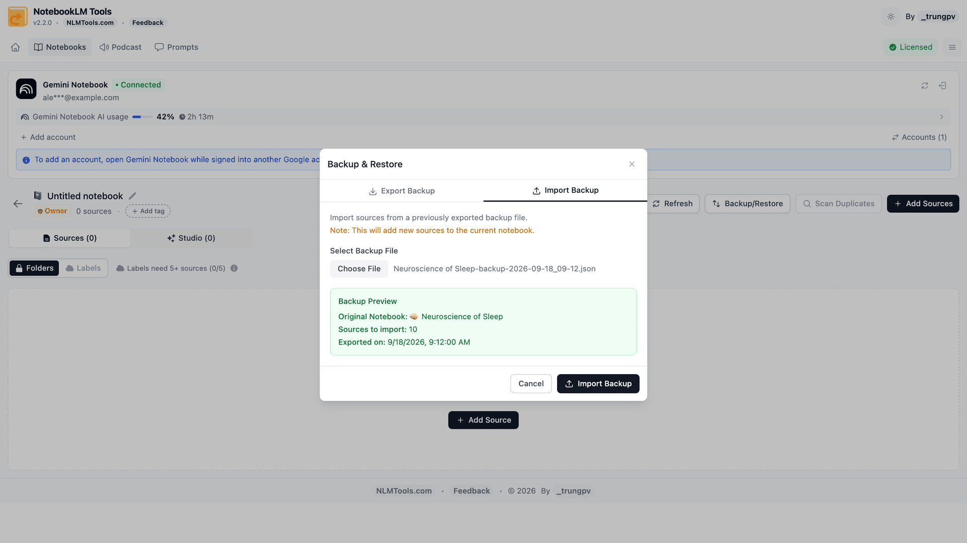 Предпросмотр импорта в NotebookLM Tools: название экспортированного блокнота, количество источников и метка времени перед повторным импортом