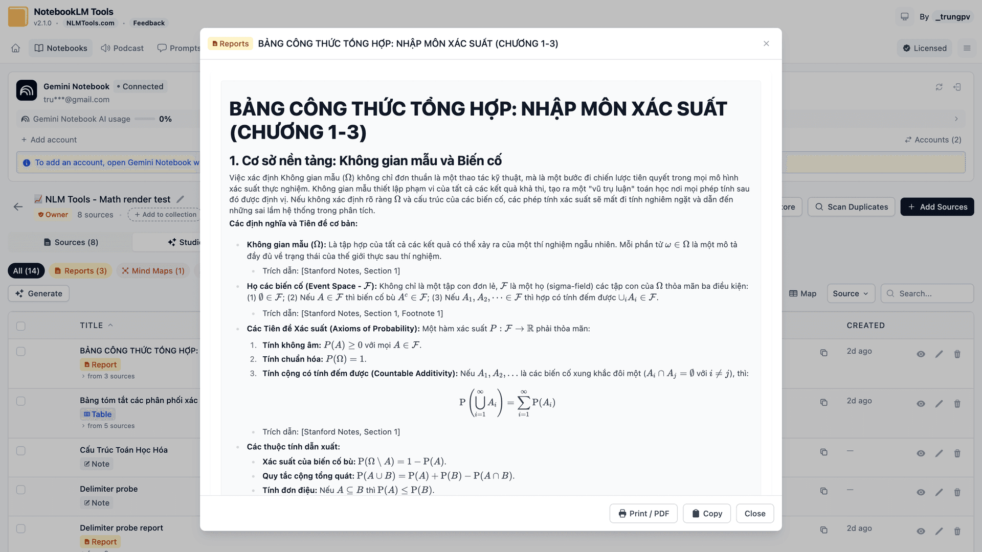 NotebookLM Tools report dialog with the Print / PDF button in the footer