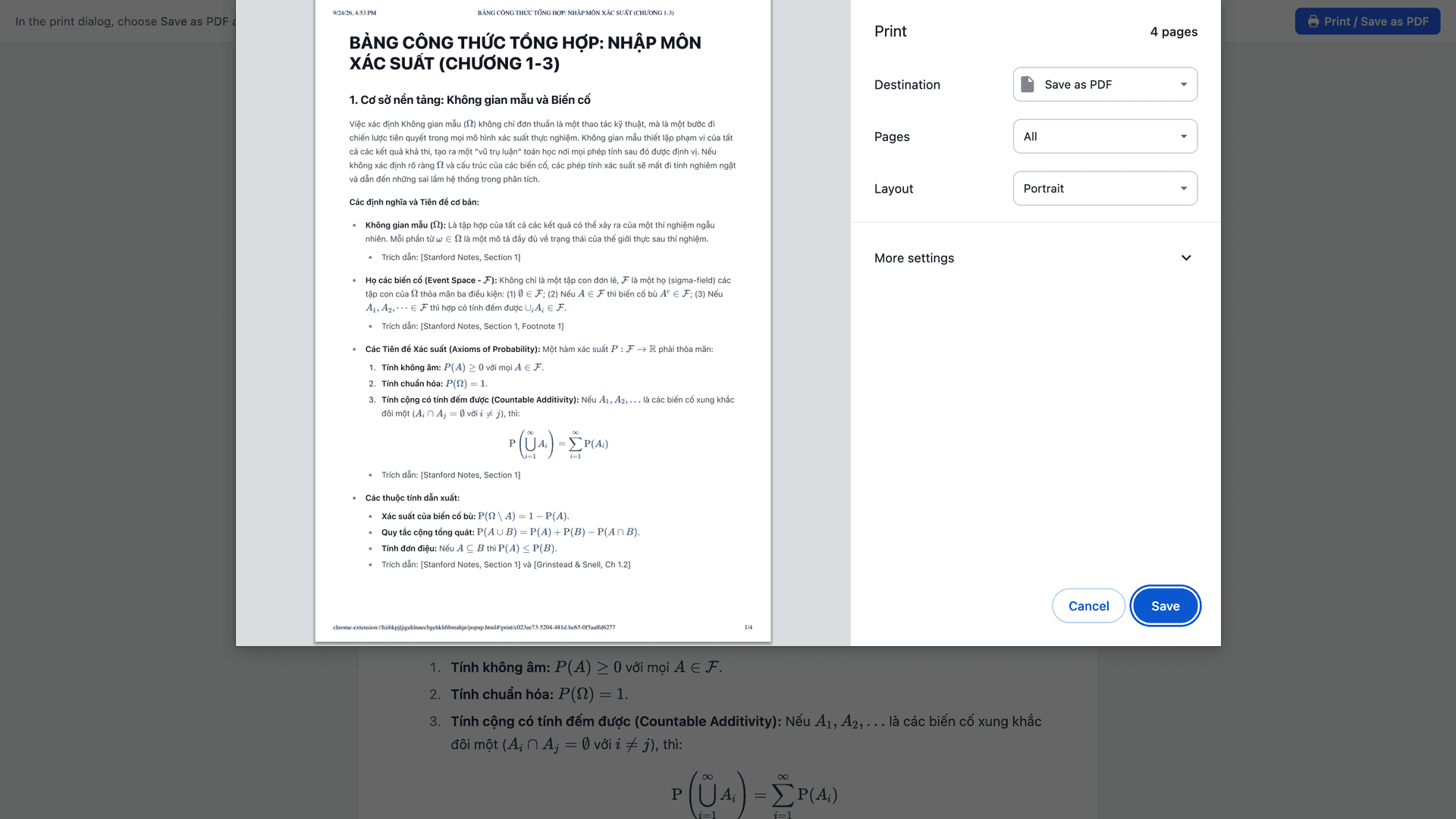 NotebookLM Tools print view of a report with the browser's Save as PDF dialog and rendered formulas