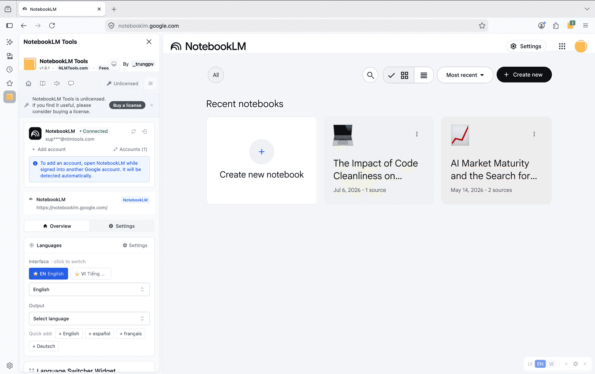 NotebookLM Tools extension running in Firefox on notebooklm.google.com / notebook.google.com with the side panel open