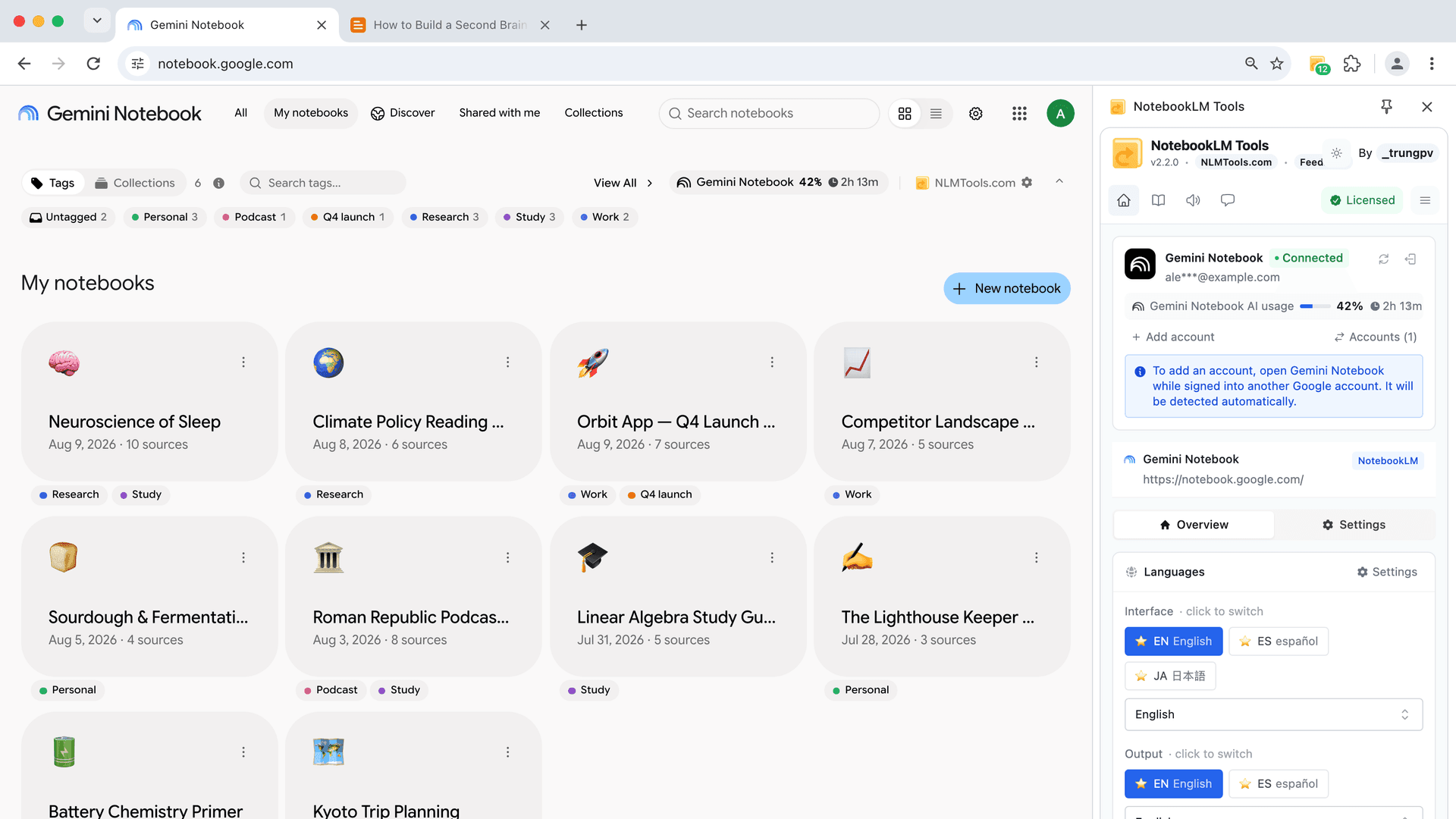 NotebookLM Tools Seitenpanel geöffnet und funktionsfähig in Gemini Notebook nach der Umbenennung — alle 35+ Funktionen unverändert
