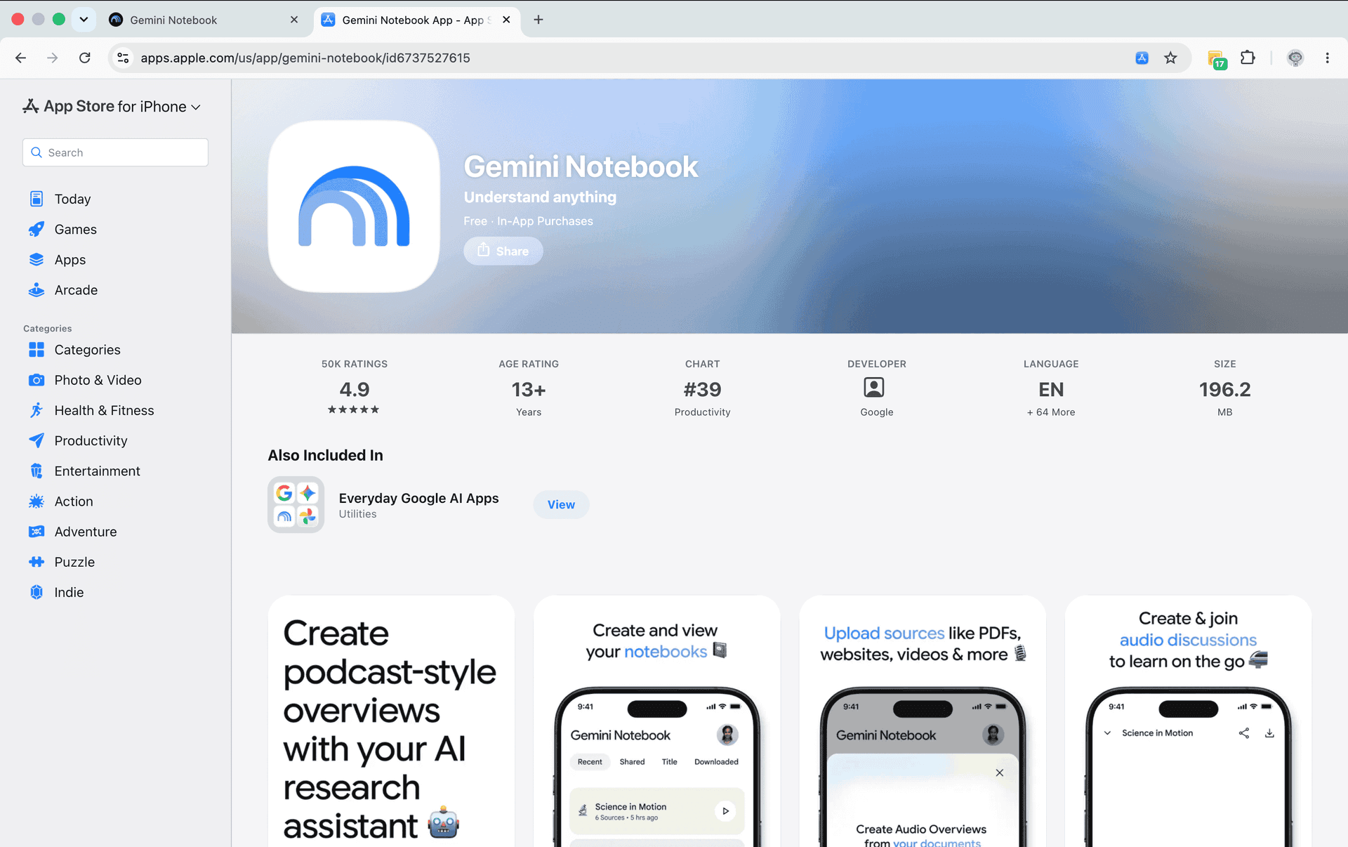 La ficha de la app móvil de Gemini Notebook con el nuevo nombre y el nuevo icono — la misma app de NotebookLM renombrada tal cual, no reemplazada