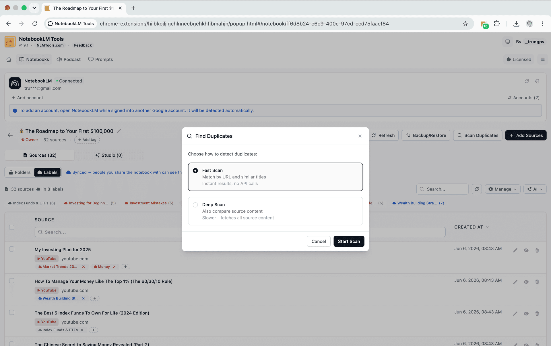 Il Duplicate Scanner di NotebookLM Tools individua fonti duplicate dopo il ripristino di un backup