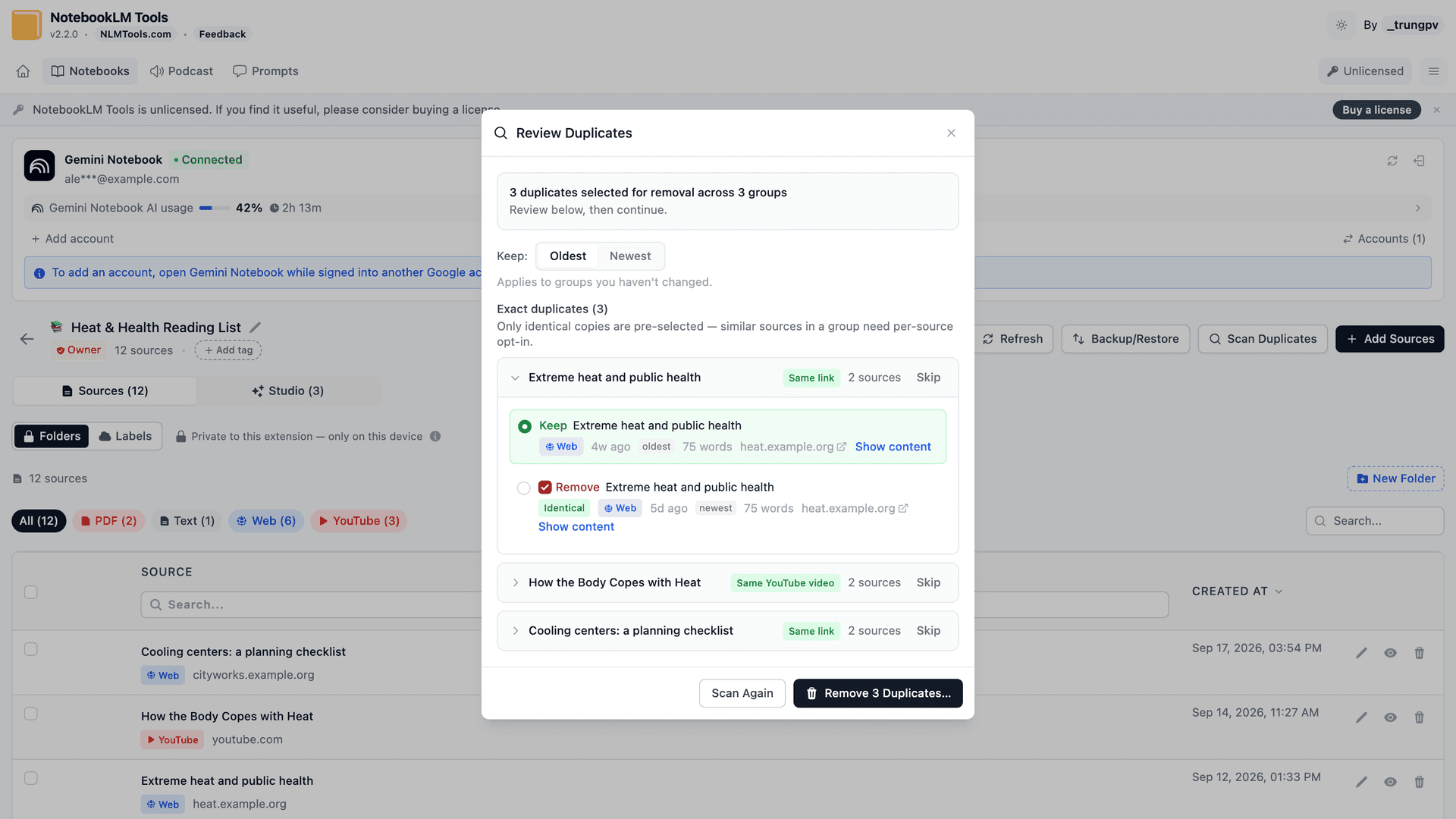 バックアップ復元後に重複ソースを検出するNotebookLM ToolsのDuplicate Scanner