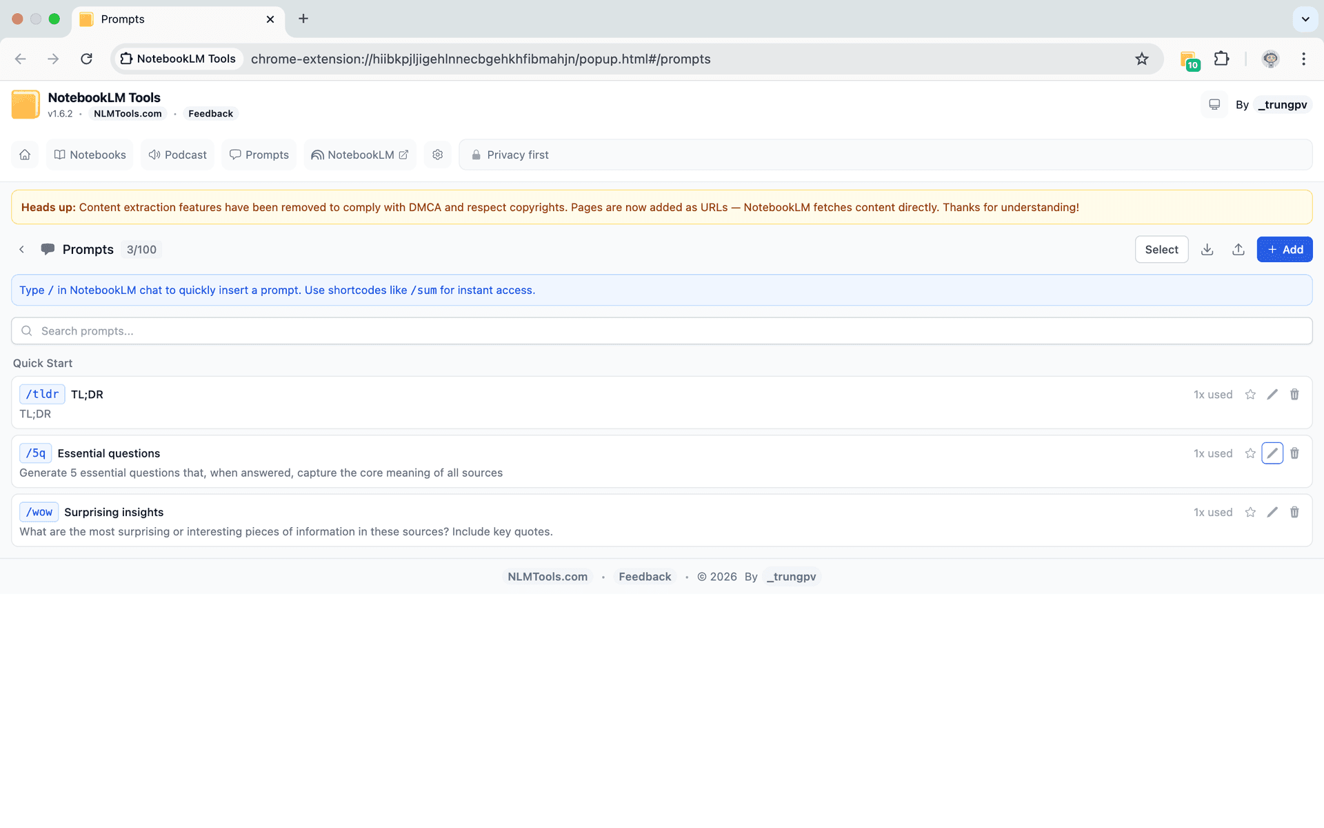 Menedżer zapisanych promptów NotebookLM Tools z interfejsem komend ukośnika