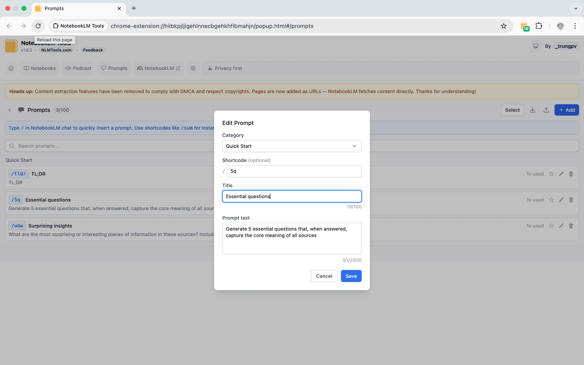 NotebookLM Tools save prompt dialog for creating reusable AI instructions