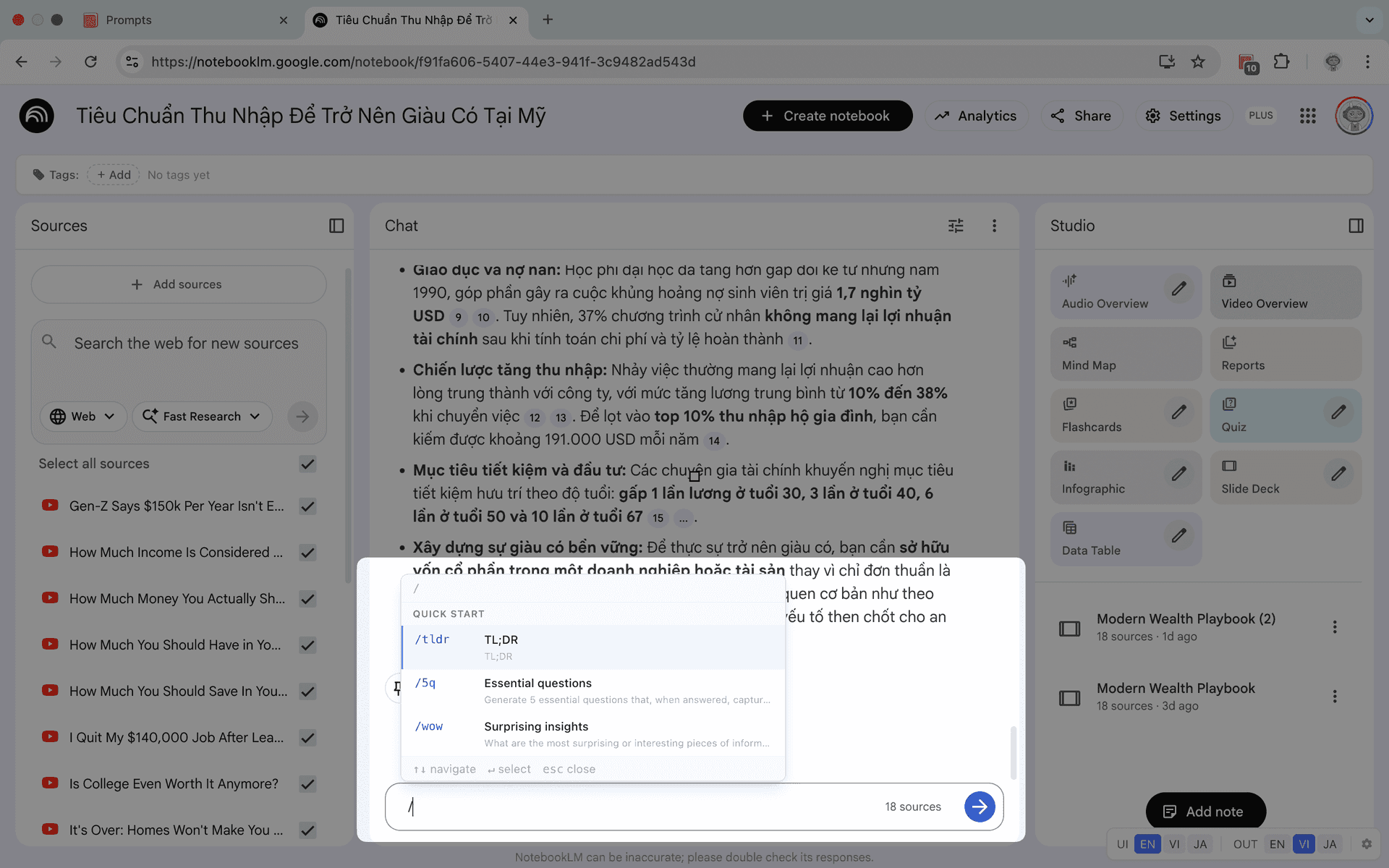 Menu komend ukośnika w NotebookLM Tools do szybkiego dostępu do promptów w czacie