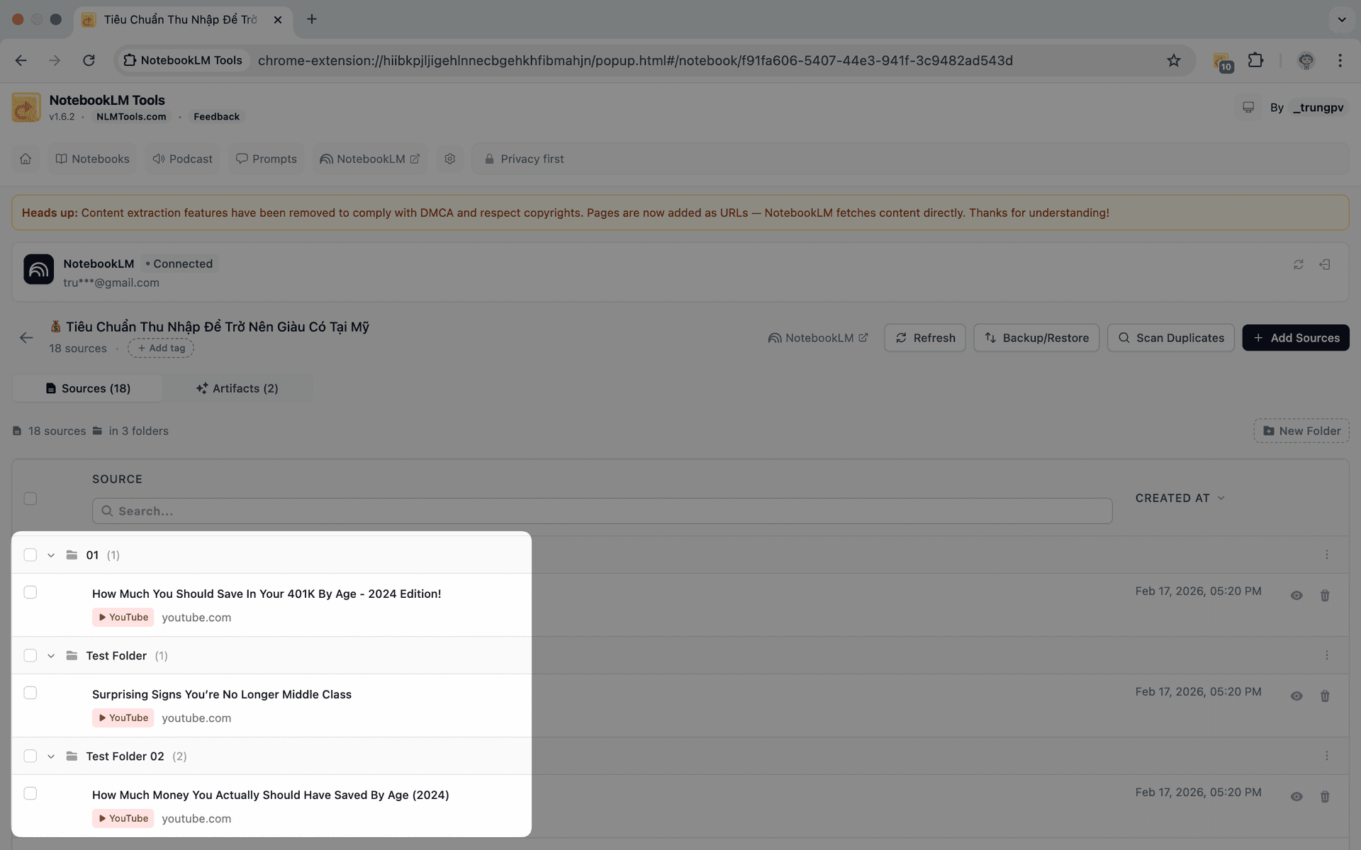 Panel folderów źródeł NotebookLM Tools z organizacją przeciągnij-i-upuść