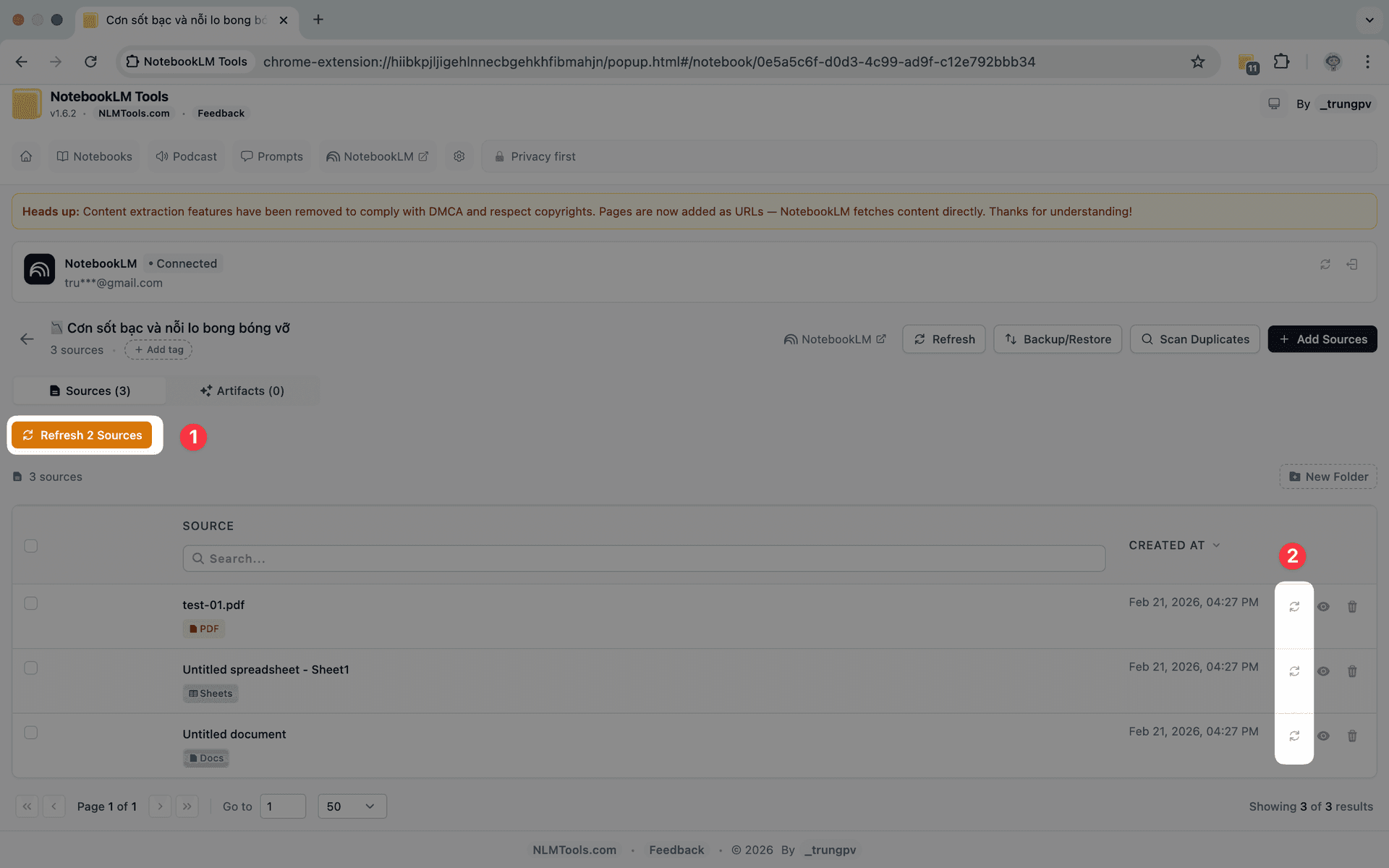 Interfejs synchronizacji źródeł Google Drive w NotebookLM Tools