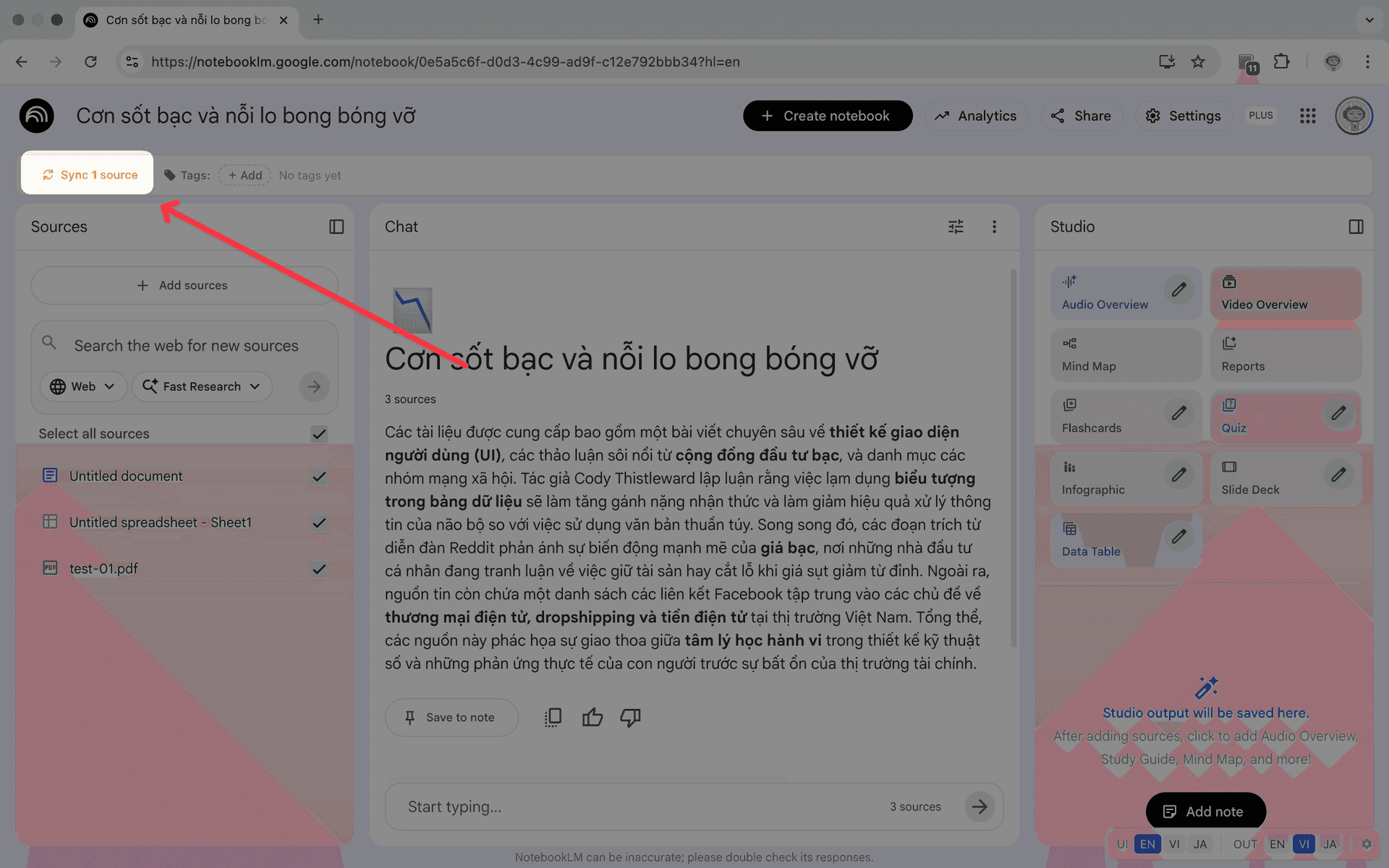 Przycisk synchronizacji jednym kliknięciem do odświeżania nieaktualnych źródeł w NotebookLM Tools