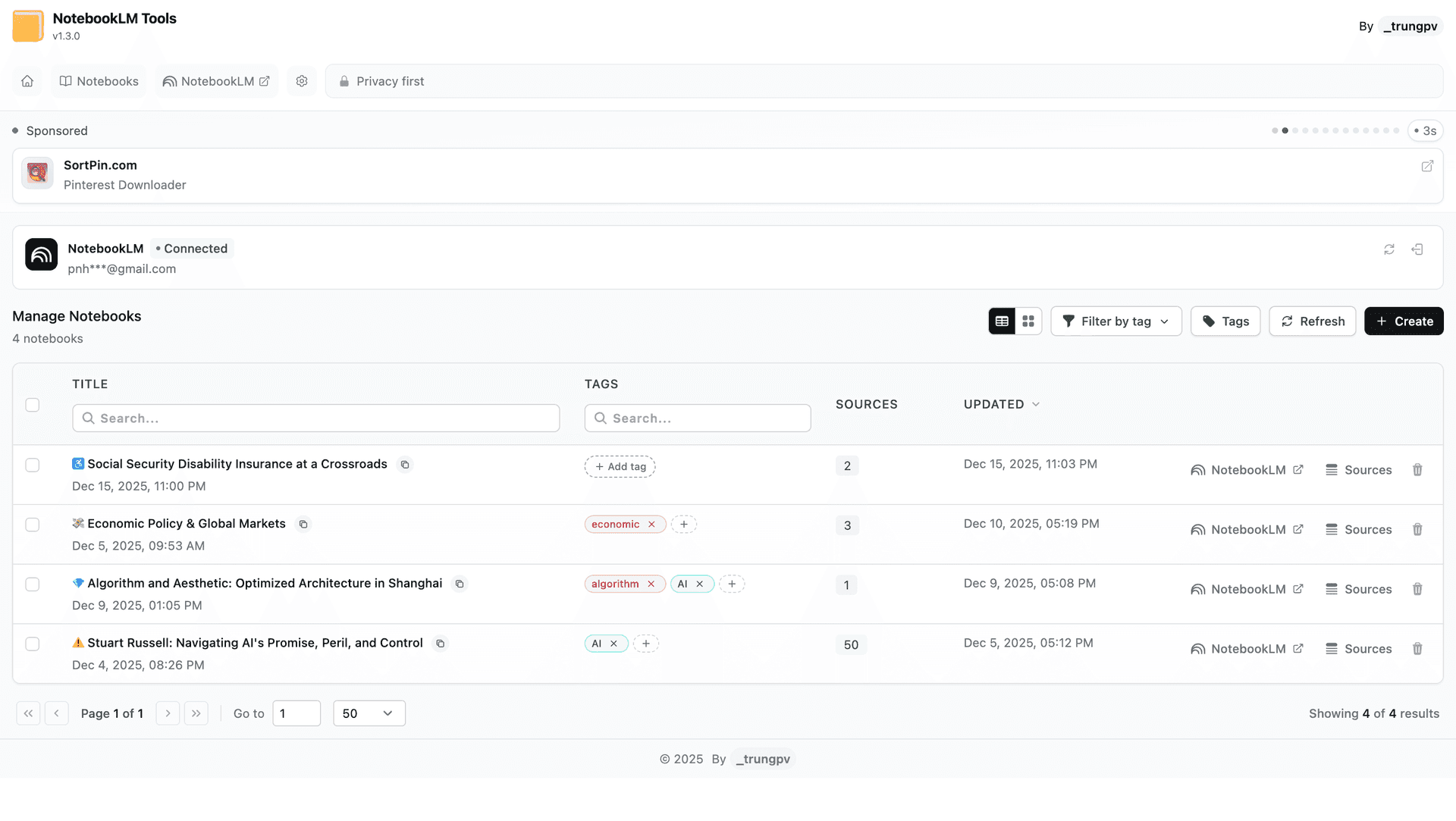 NotebookLM Tools Advanced Notebook Manager dashboard with tag filtering and search