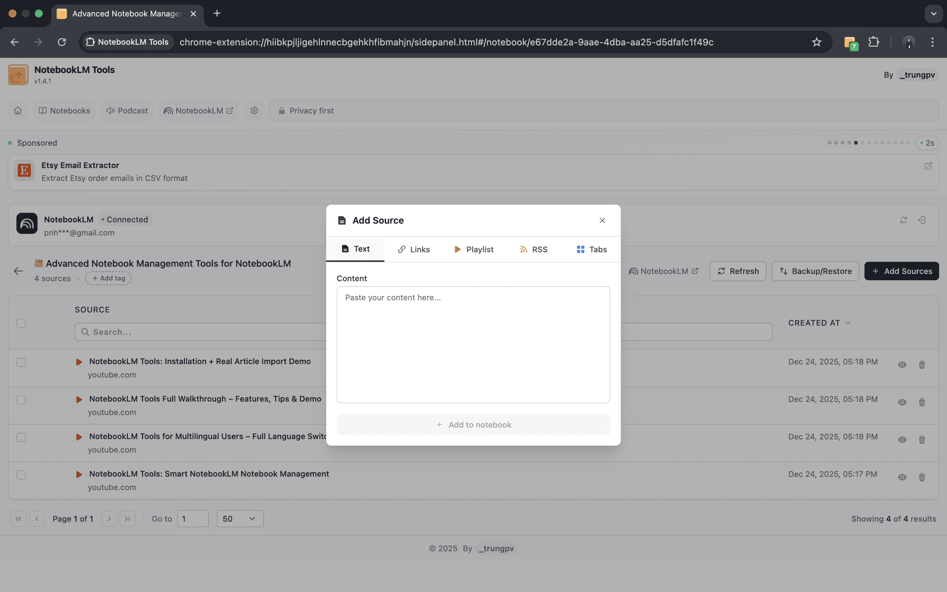 NotebookLM 內建的新增來源對話框
