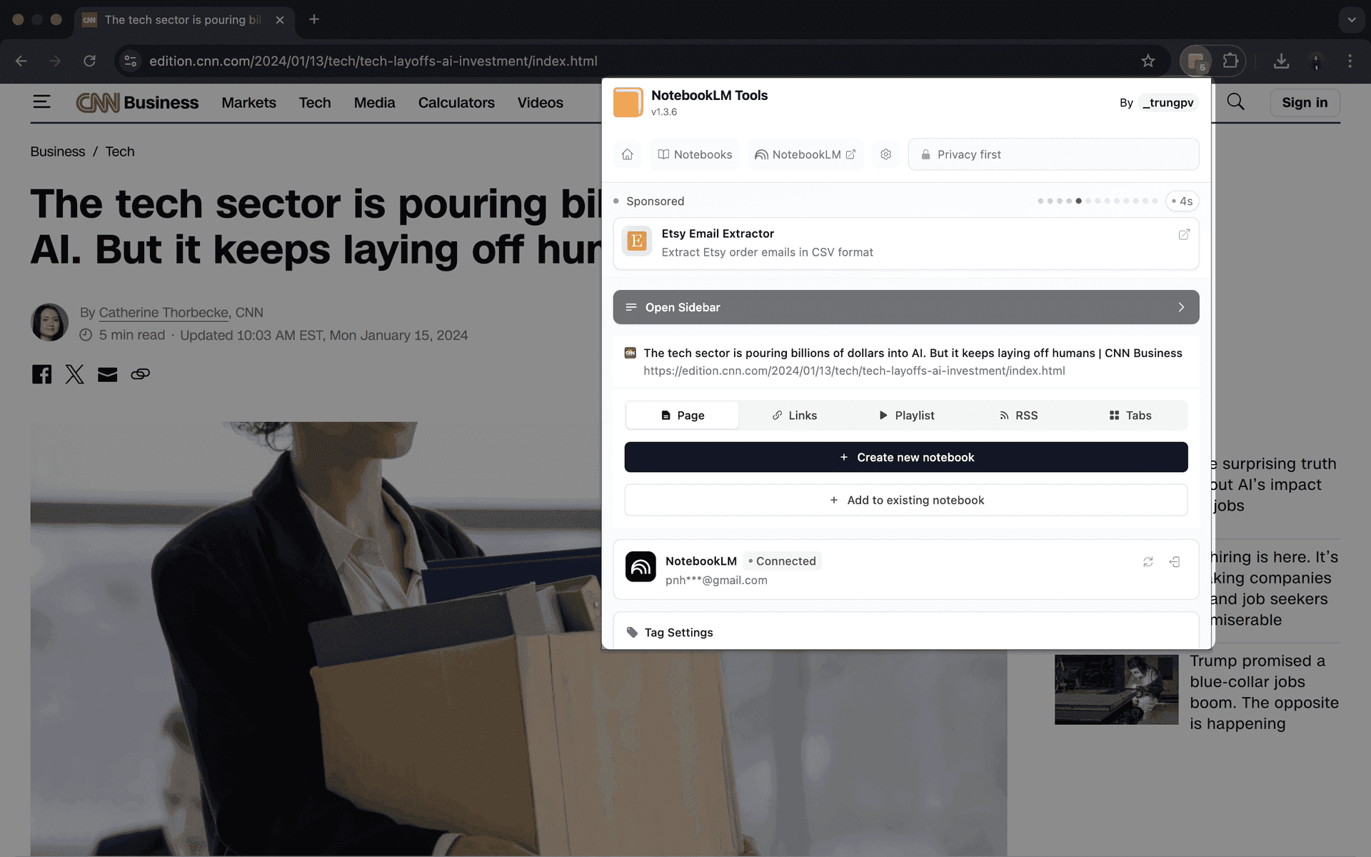 Interfejs popupu NotebookLM Tools do szybkiego zapisywania źródeł