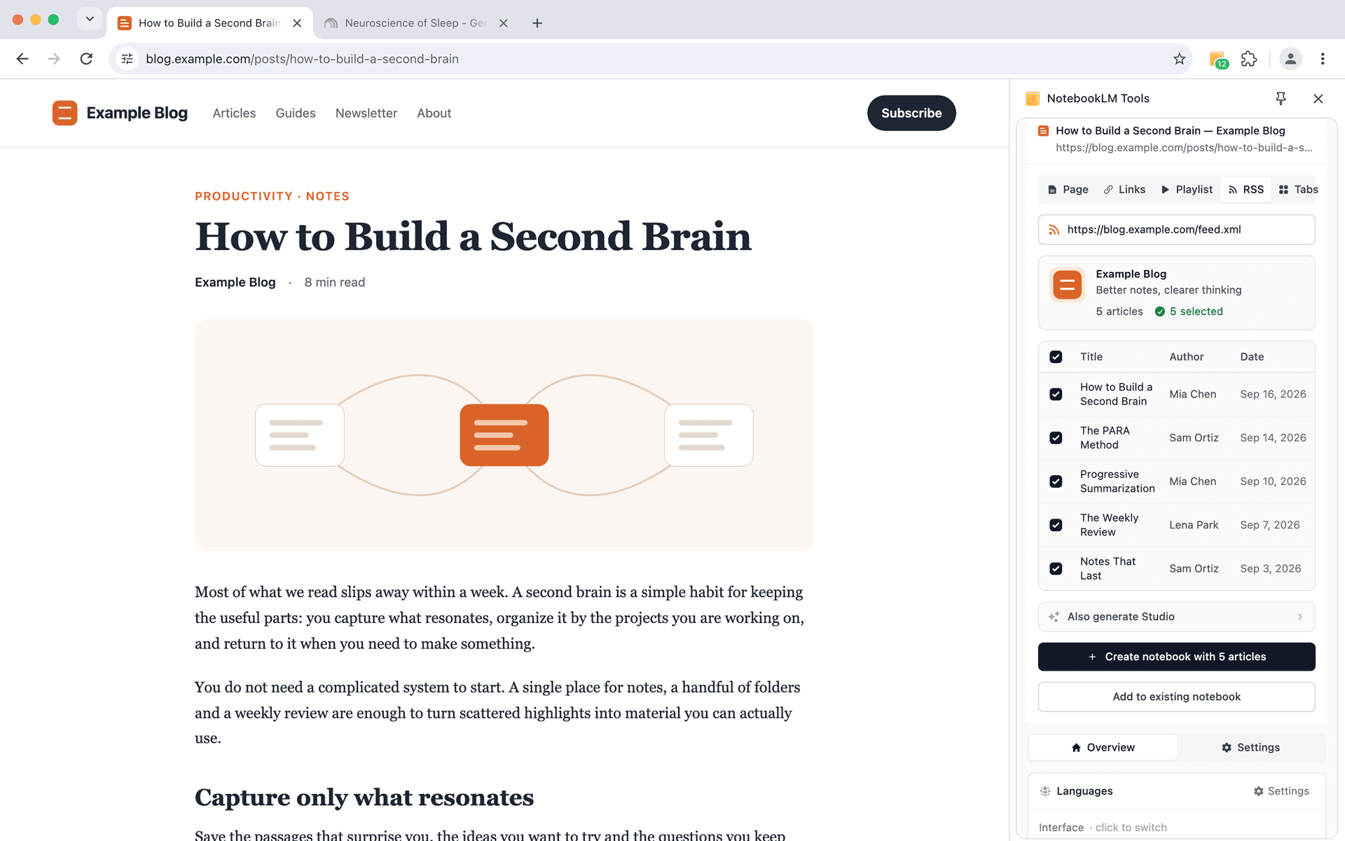 تبويب RSS في NotebookLM Tools مع خلاصة مكتشَفة جرى تحليلها إلى قائمة مقالات جاهزة للإضافة إلى دفتر