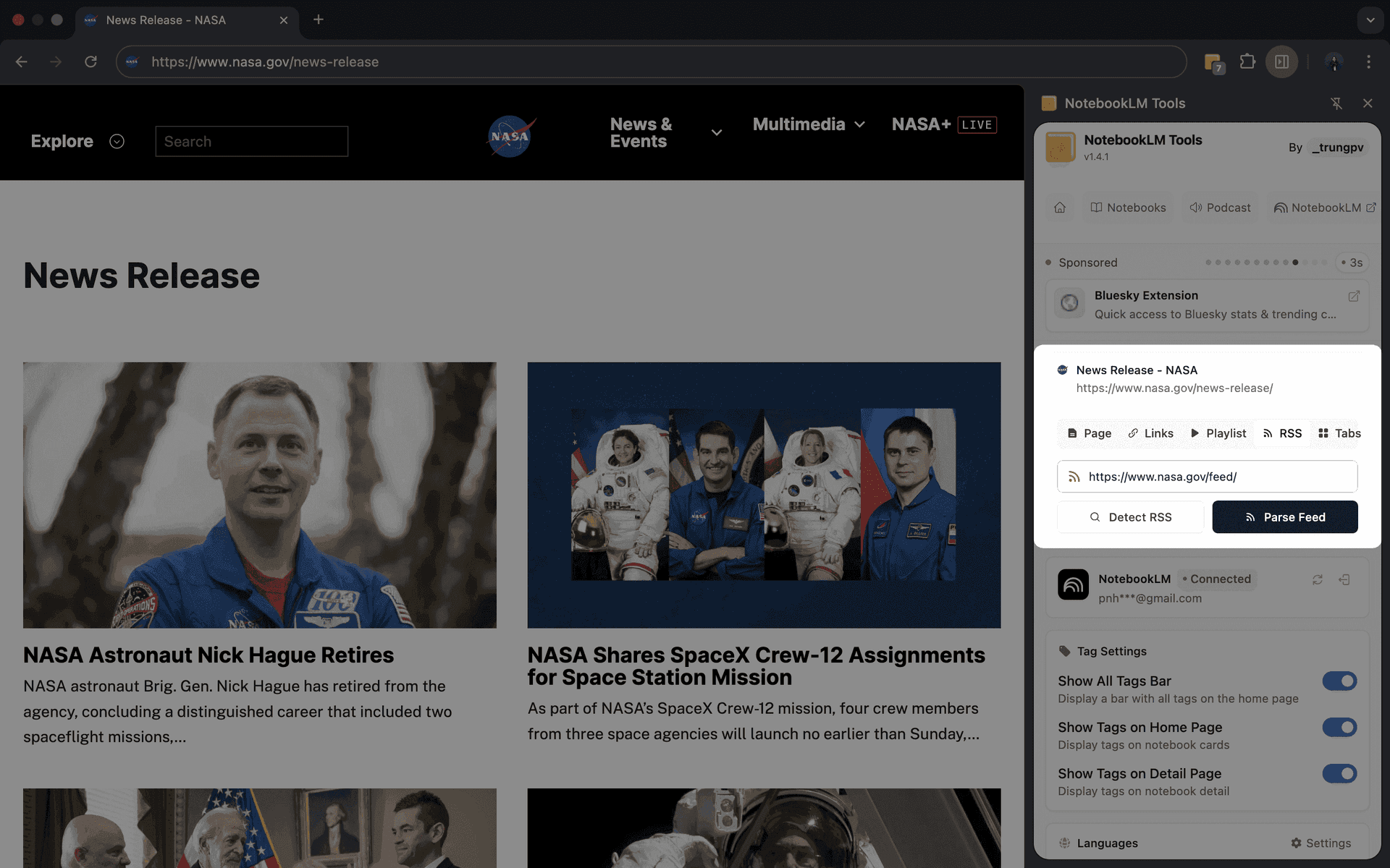 NotebookLM Tools wykrywający dostępne kanały RSS na stronie