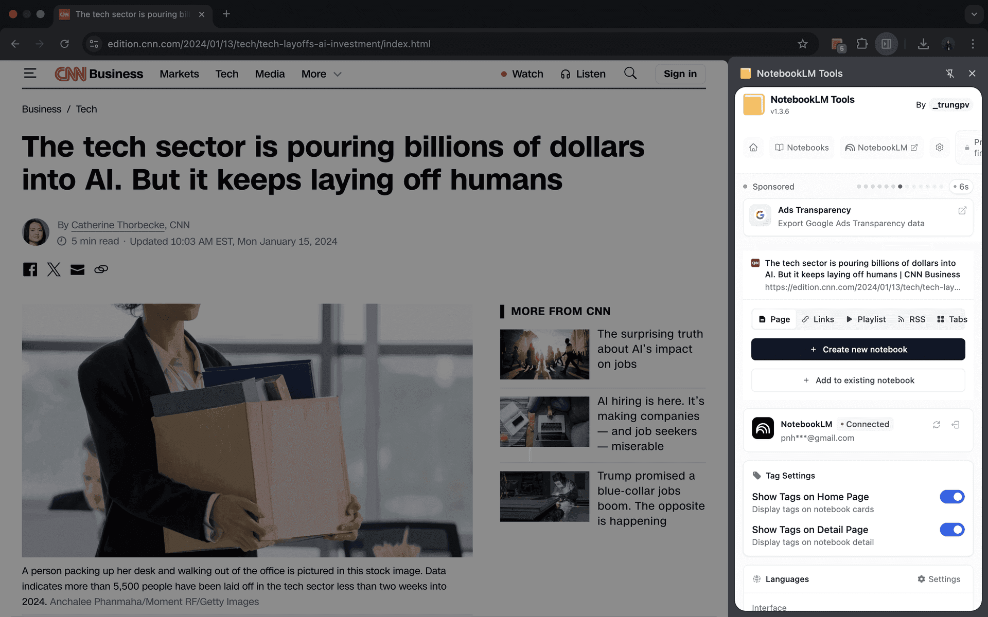 Interfejs panelu bocznego NotebookLM Tools do ciągłych sesji badawczych