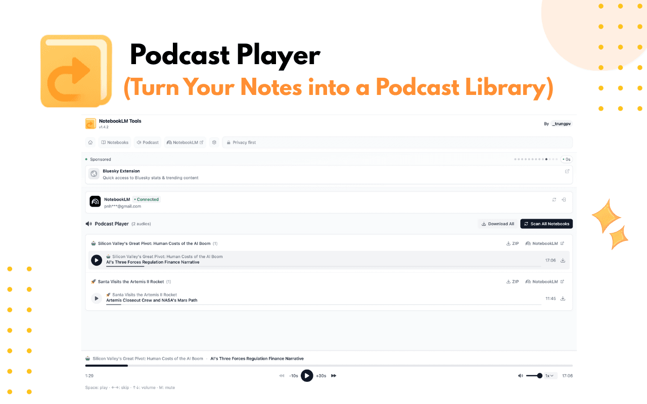 Pulpit odtwarzacza podcastów NotebookLM Tools pokazujący odcinki z wielu notatników
