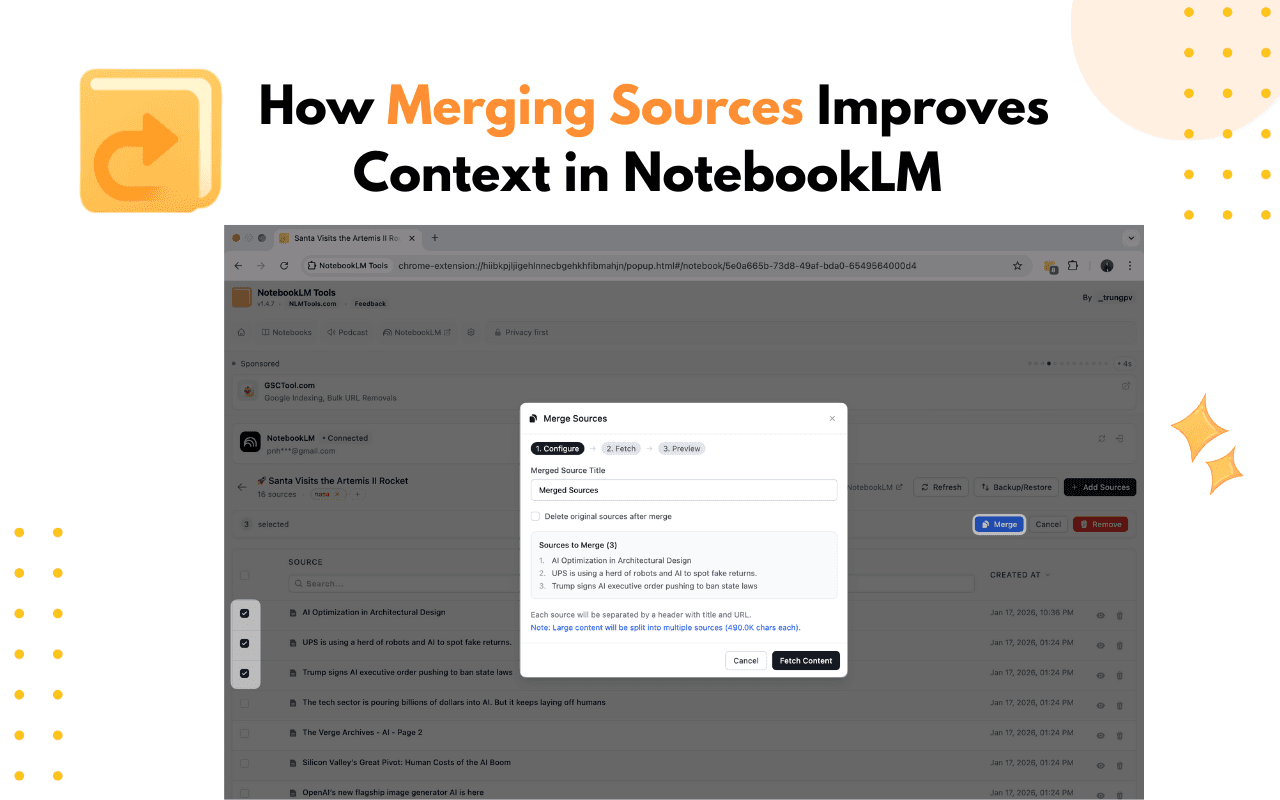 Interfejs łączenia źródeł w NotebookLM Tools do scalania rozdrobnionej treści