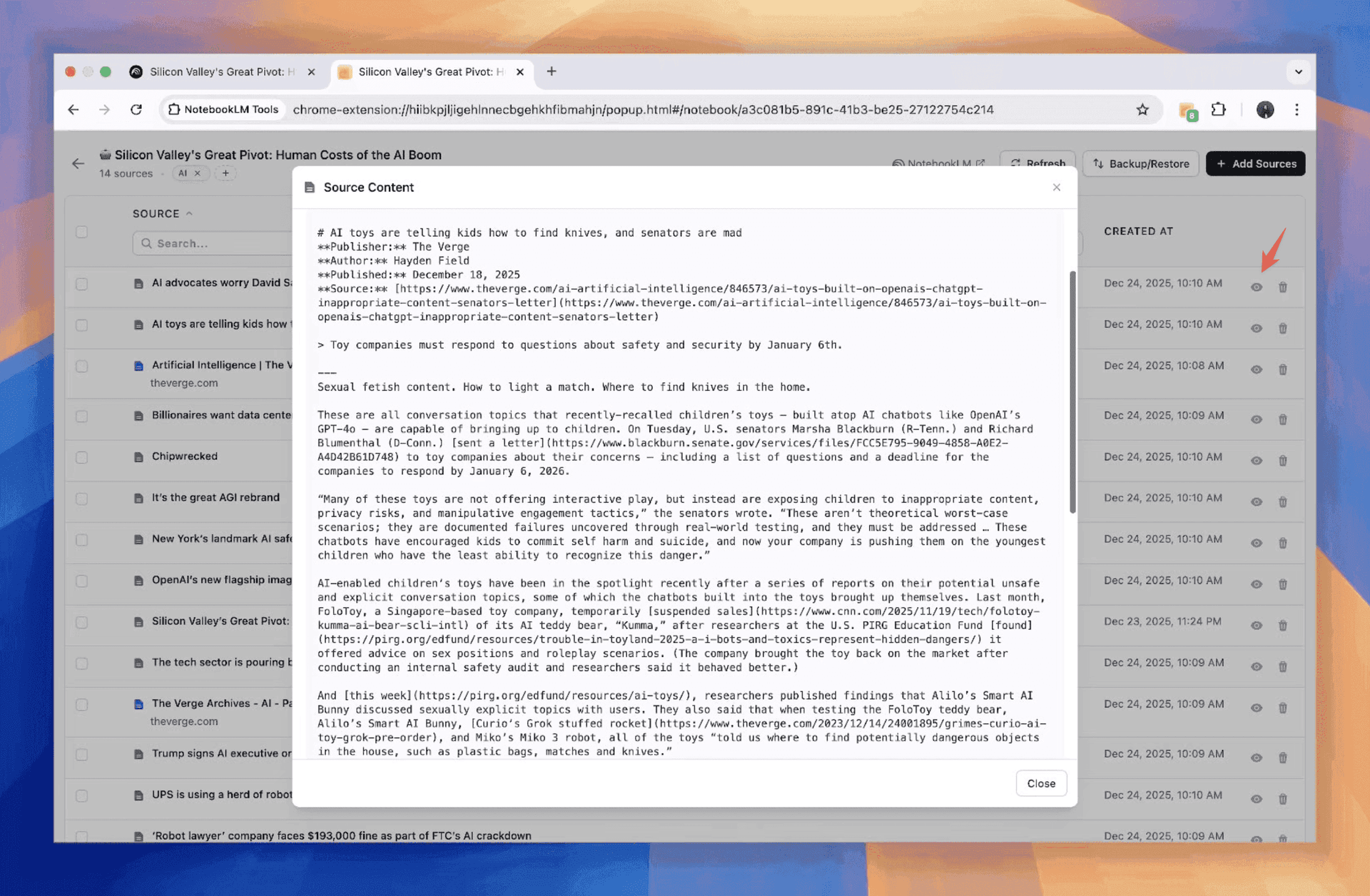 Panel podglądu treści źródła pokazujący pełny tekst wybranego źródła
