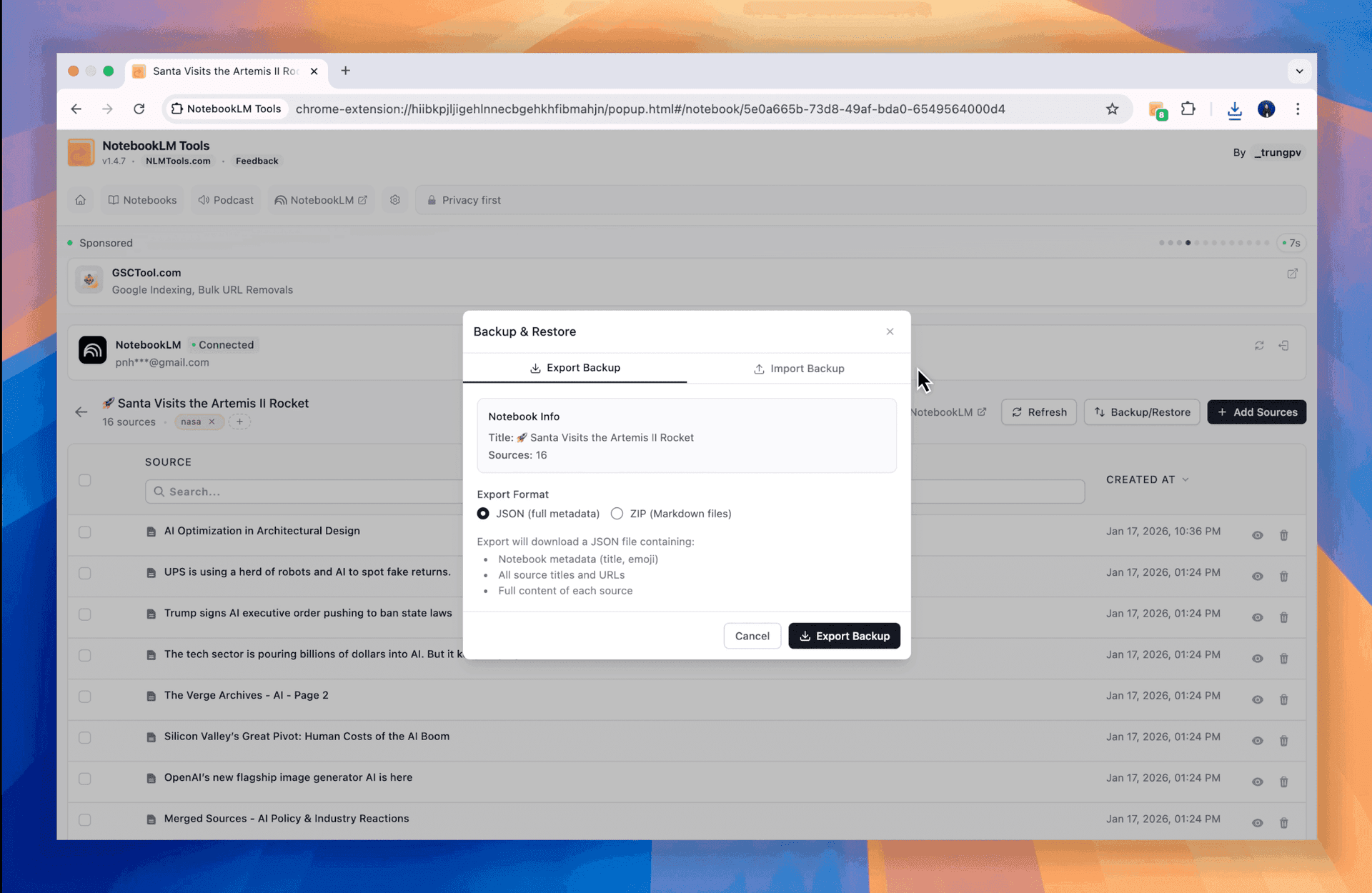 Opcje eksportu kopii zapasowej pokazujące wybór formatu JSON i ZIP