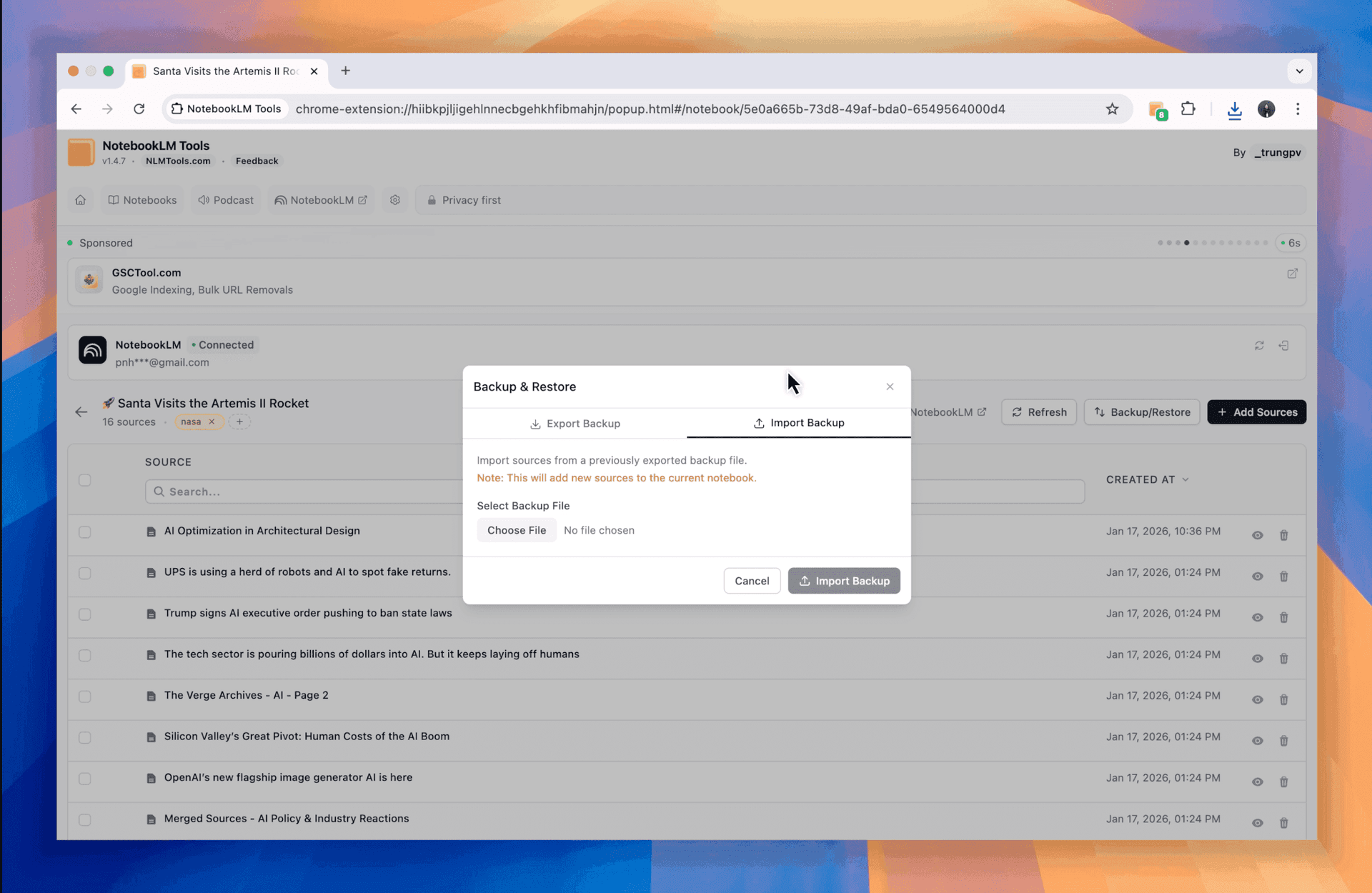 Import backup interface for restoring sources into a notebook