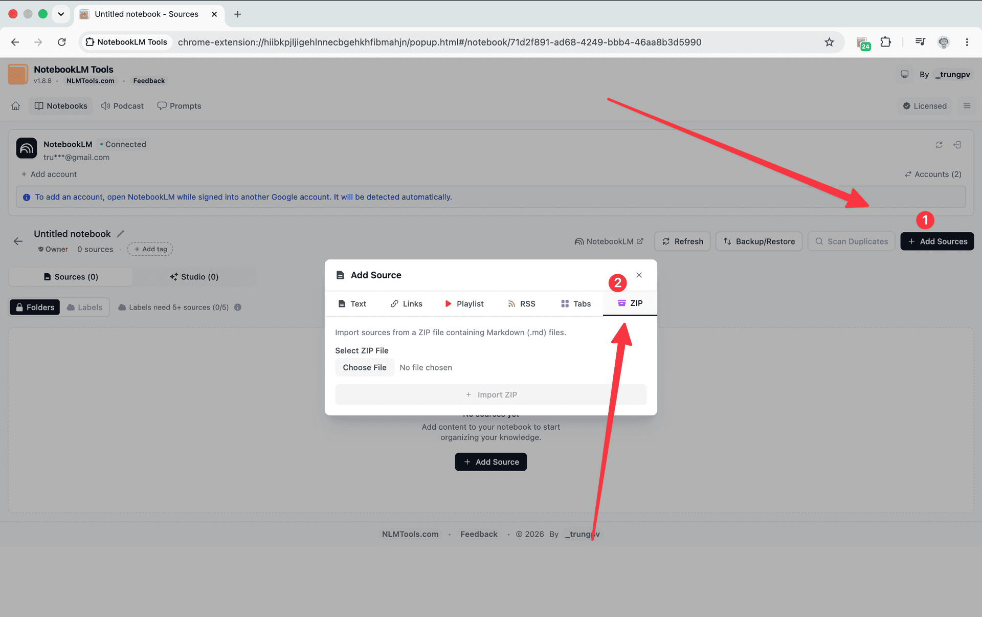 NotebookLM Tools extracting a ZIP and importing each Markdown file as a source