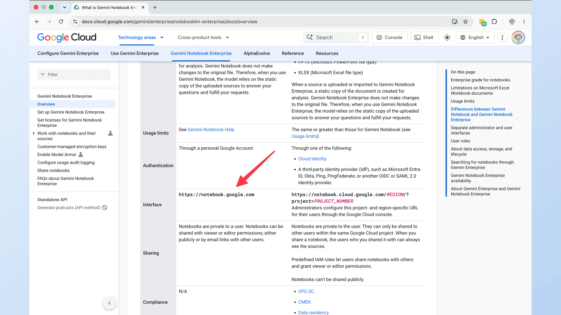 Dokumentacja Gemini Notebook Enterprise w Google Cloud ze strzałką wskazującą wiersz Interface z adresem https://notebook.google.com — jedyne oficjalne odniesienie Google do nowego adresu
