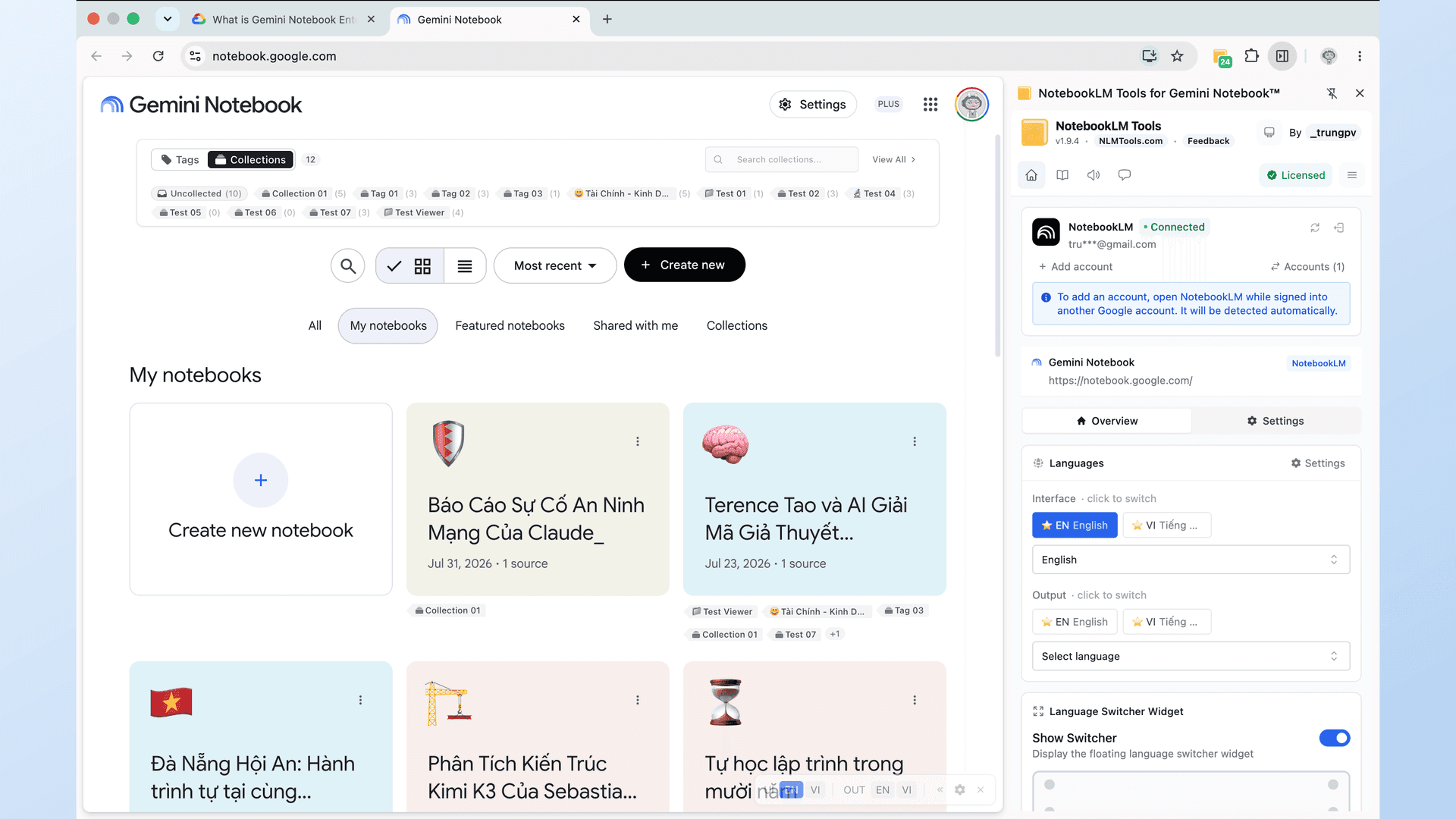 NotebookLM Tools v1.9.4 działający z aktywną licencją na notebook.google.com z otwartym panelem rozszerzenia — po aktualizacji rozszerzenia działają pod nowym adresem