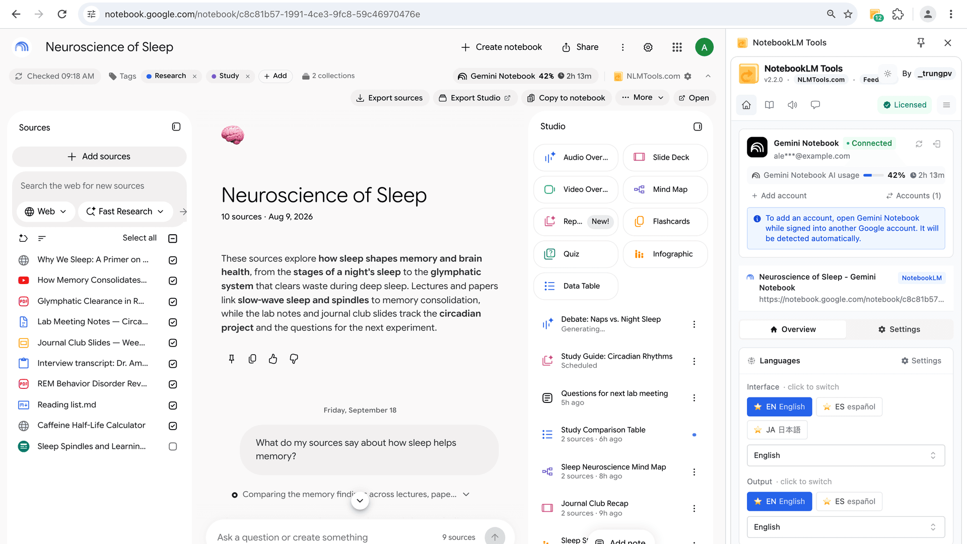 NotebookLM Tools running licensed on notebook.google.com with the extension panel open — extensions work on NotebookLM's new address once updated