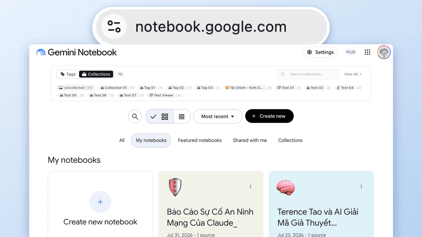 La barra de direcciones con notebook.google.com ampliada sobre la pantalla de inicio de Gemini Notebook — el nuevo hogar de la app antes llamada NotebookLM