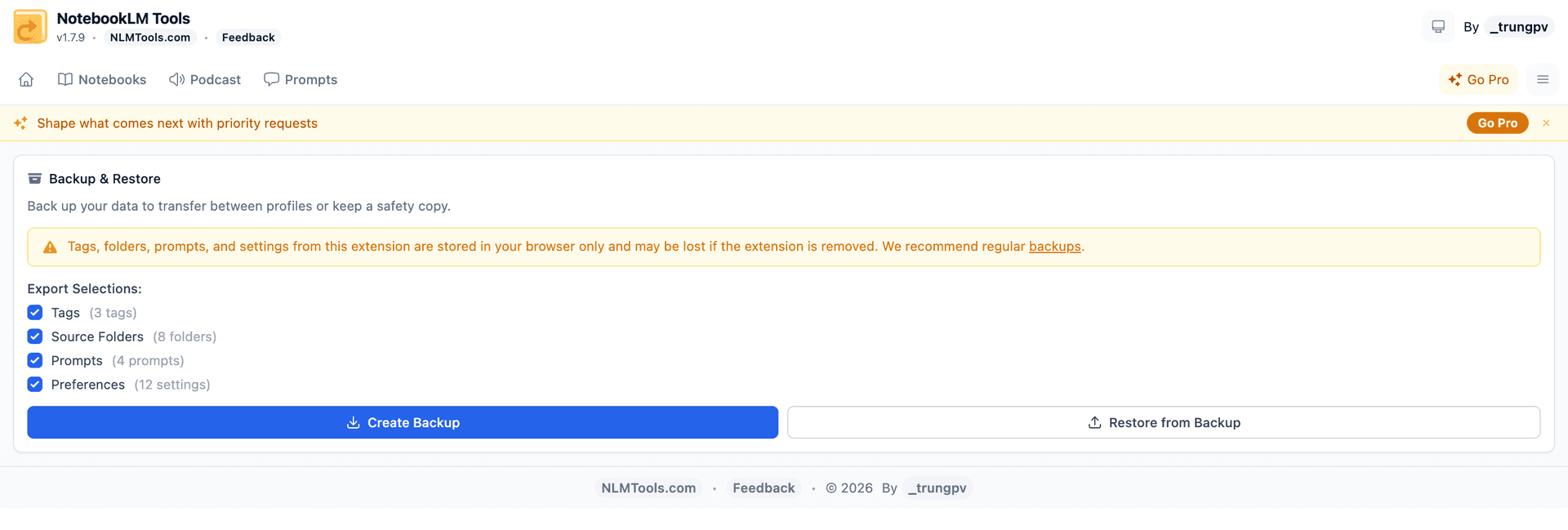 NotebookLM Tools backup and restore dialog with category export options