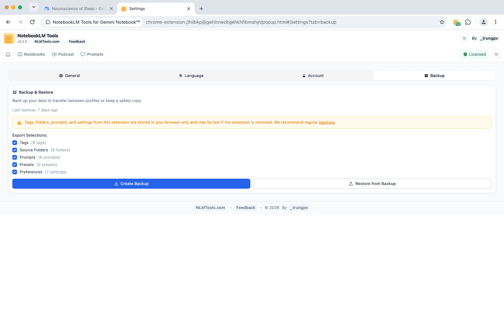 NotebookLM Tools Backup settings with Tags, Source Folders, Prompts, and Preferences export options