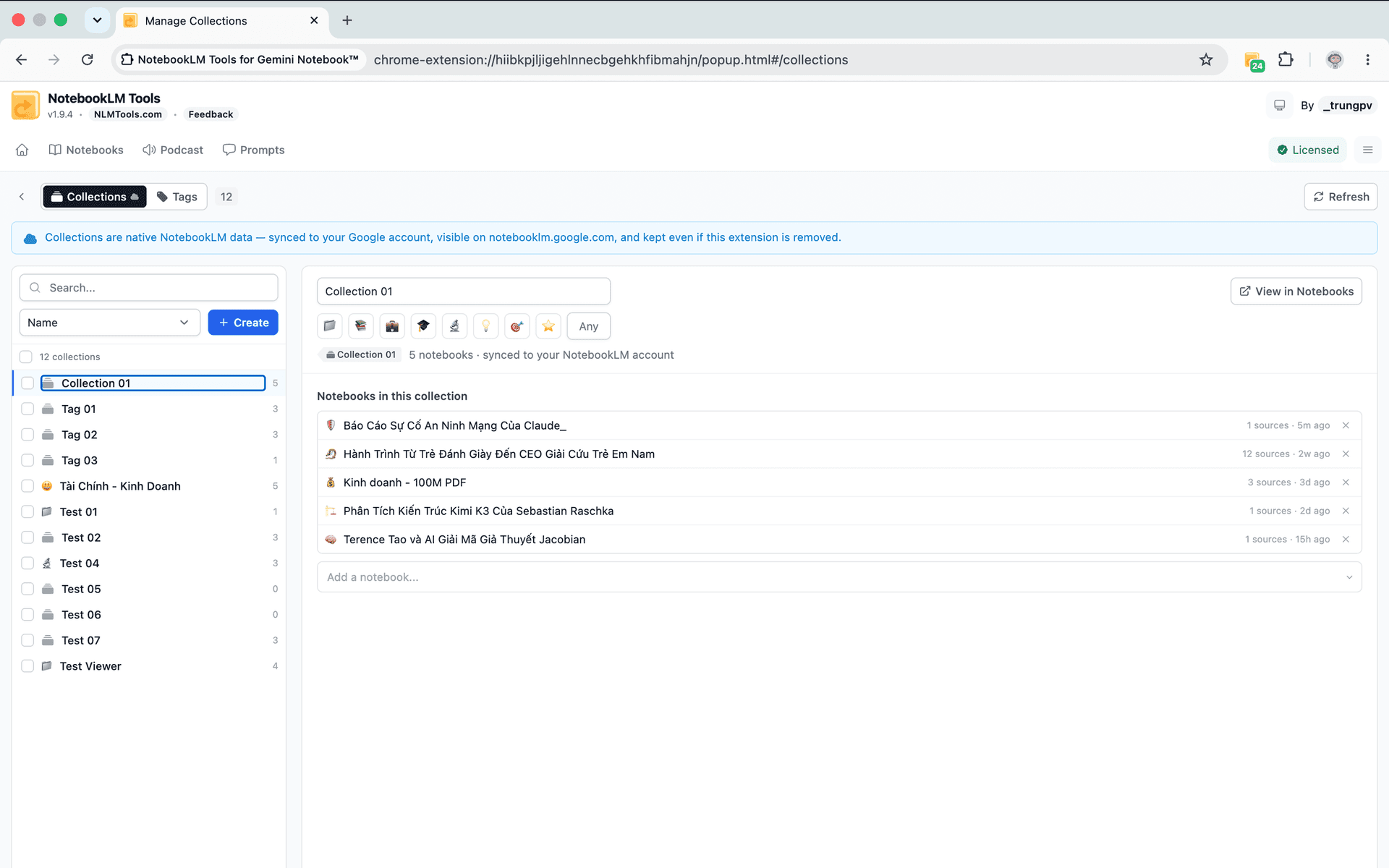 NotebookLM Tools Manage Collections page — bulk assign notebooks to native NotebookLM collections with emoji names