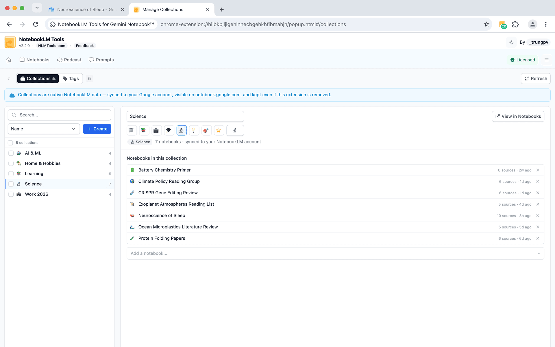 NotebookLM Tools Manage Collections page — native NotebookLM collections with emoji names, member counts, and their notebooks