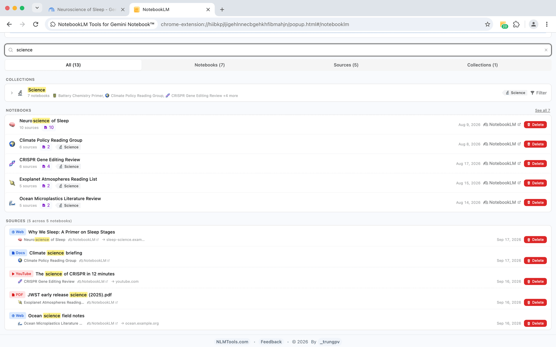 NotebookLM Tools cross-notebook search: tabbed results for notebooks, sources and collections, with source-type badges and highlighted matches